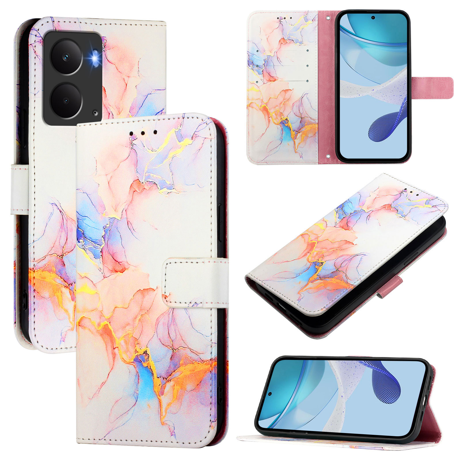 For Realme P3 5G Case with Strap Marble Pattern Leather Phone Cover Card Holder - Milky Way Marble White LS004