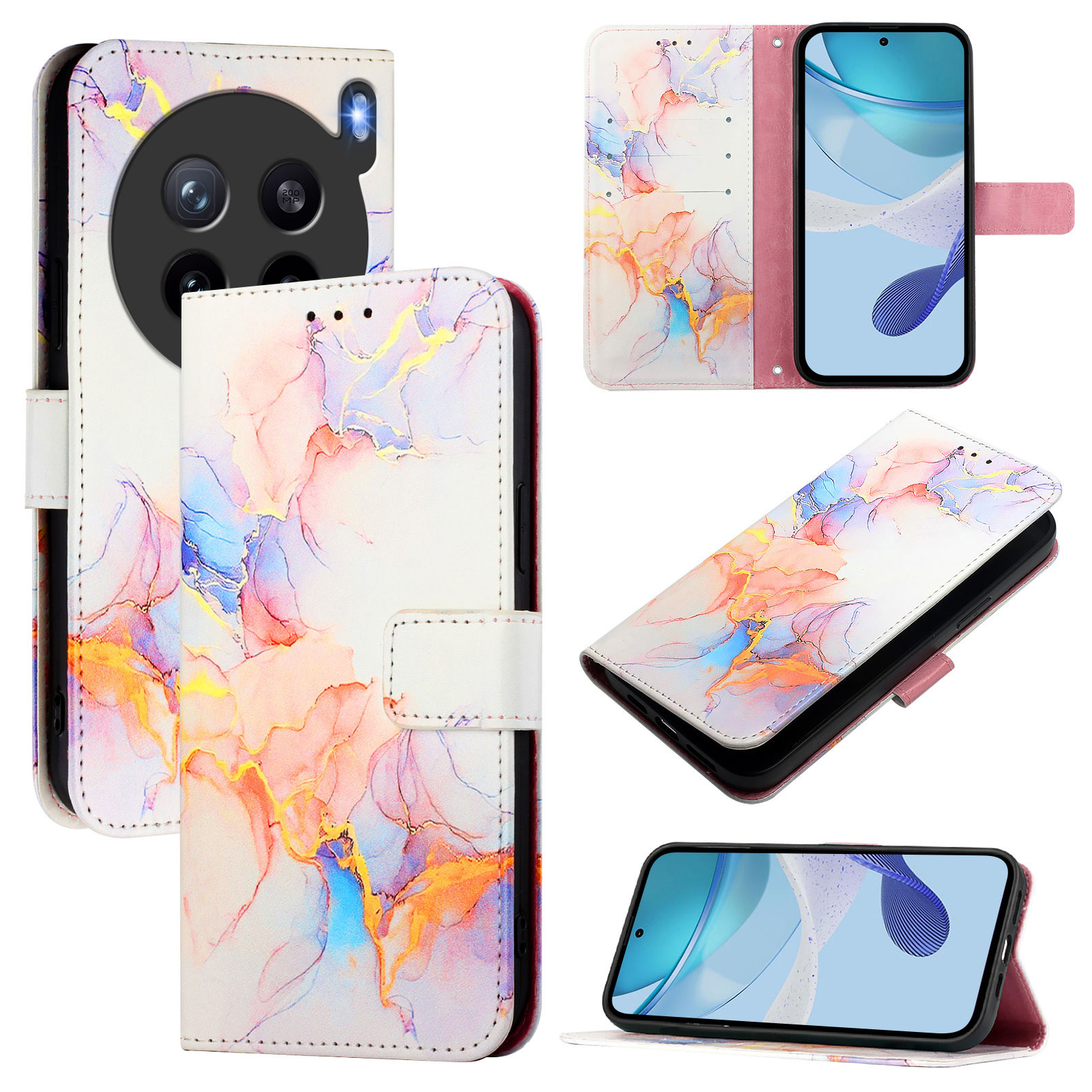 For vivo X200s 5G Case with Strap Marble Pattern Leather Phone Cover Card Holder - Milky Way Marble White LS004