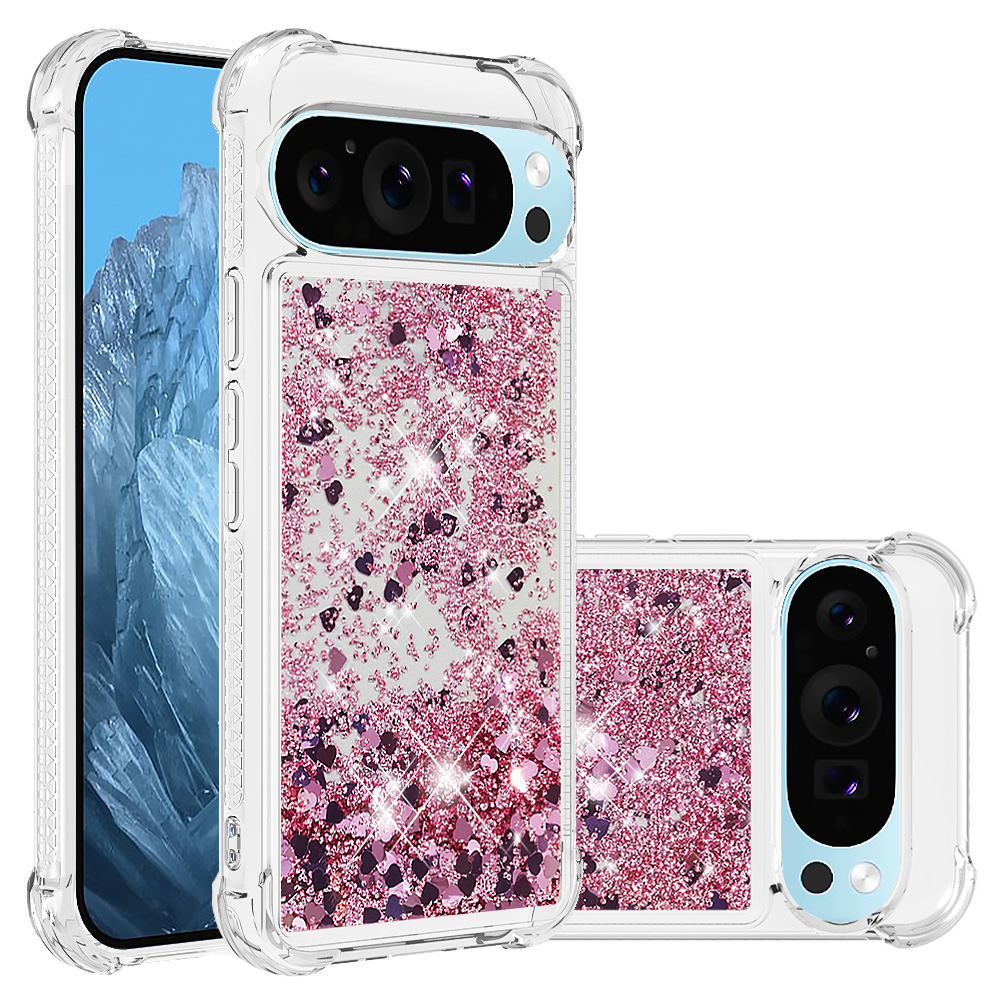 For Google Pixel 10 / Google Pixel 10 Pro TPU Case Glitter Quicksand Shockproof Phone Back Cover - Rose Gold / Hearts