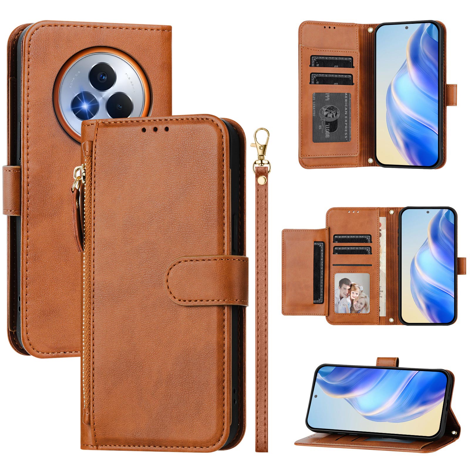 For Realme Narzo 80 Pro 5G Case Zipper Pocket Multiple Card Slots Leather Phone Cover - Brown