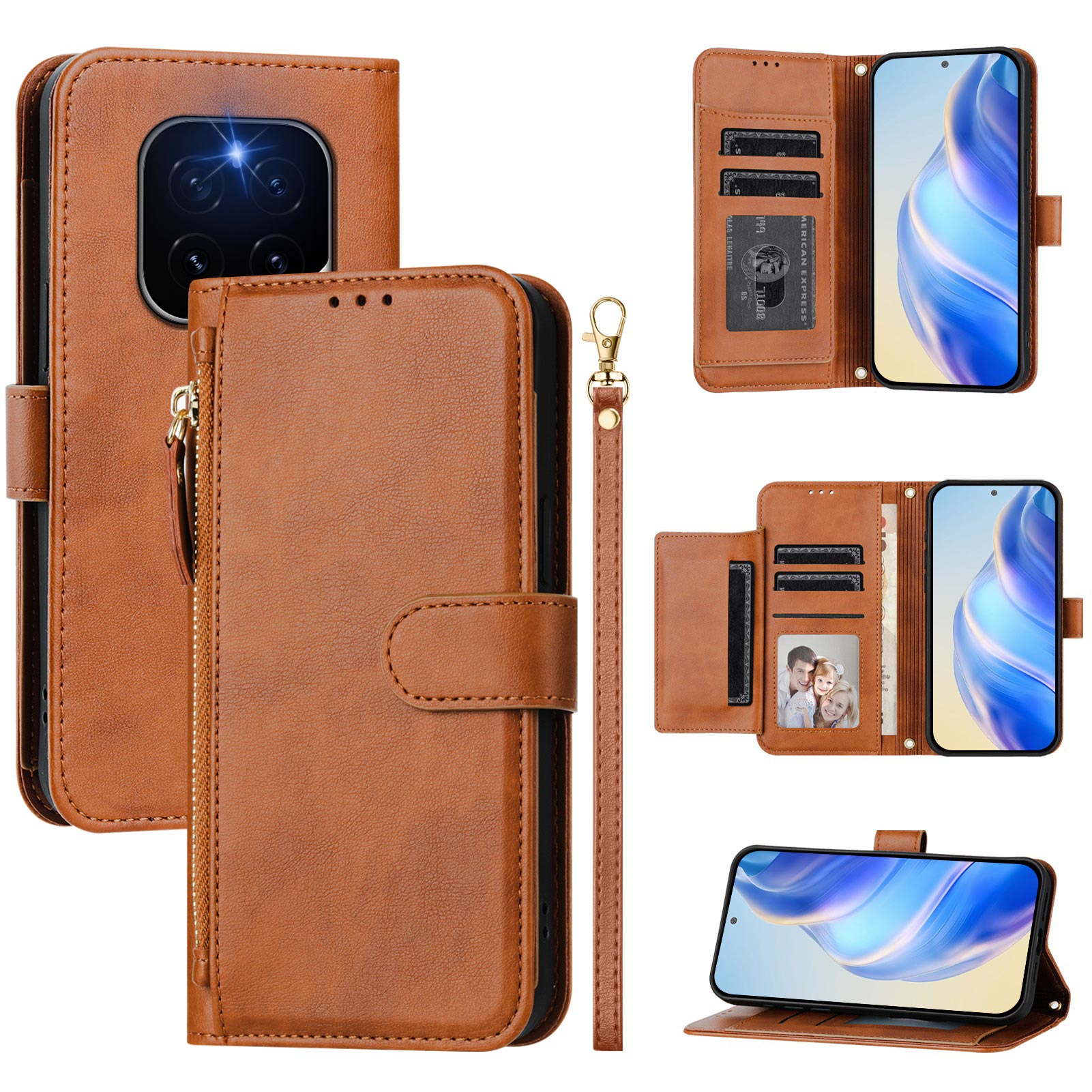For Honor GT Pro Case Zipper Pocket Multiple Card Slots Leather Phone Cover - Brown