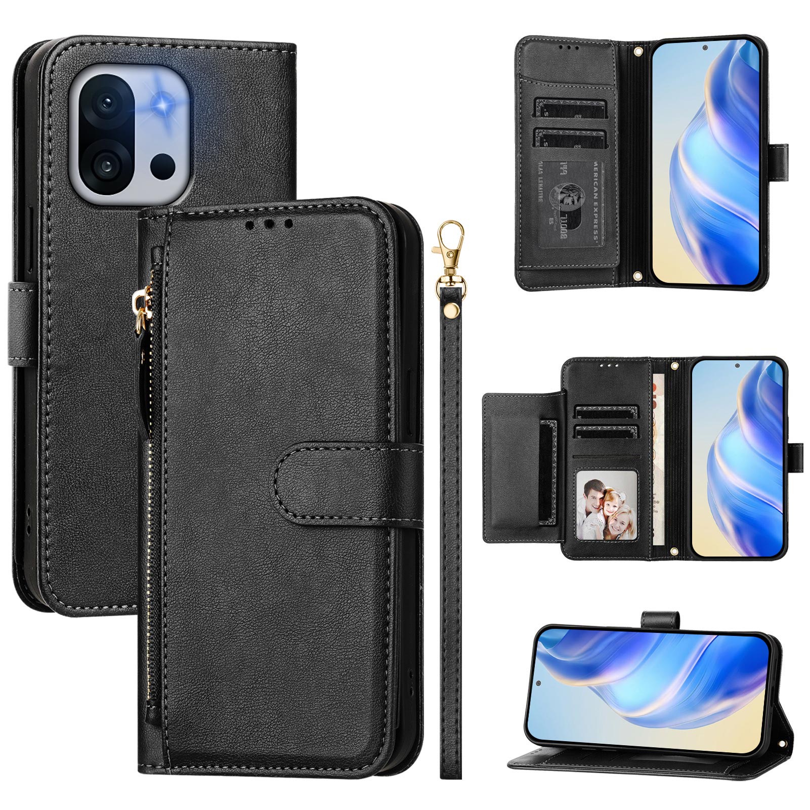 For OnePlus 13T 5G Case Zipper Pocket Multiple Card Slots Leather Phone Cover - Black