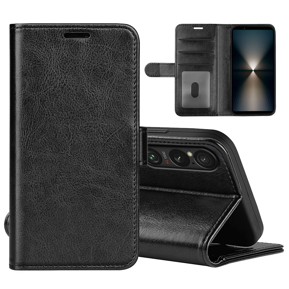 For Sony Xperia 1 VII Case Crazy Horse Texture Stand Leather Phone Cover - Black
