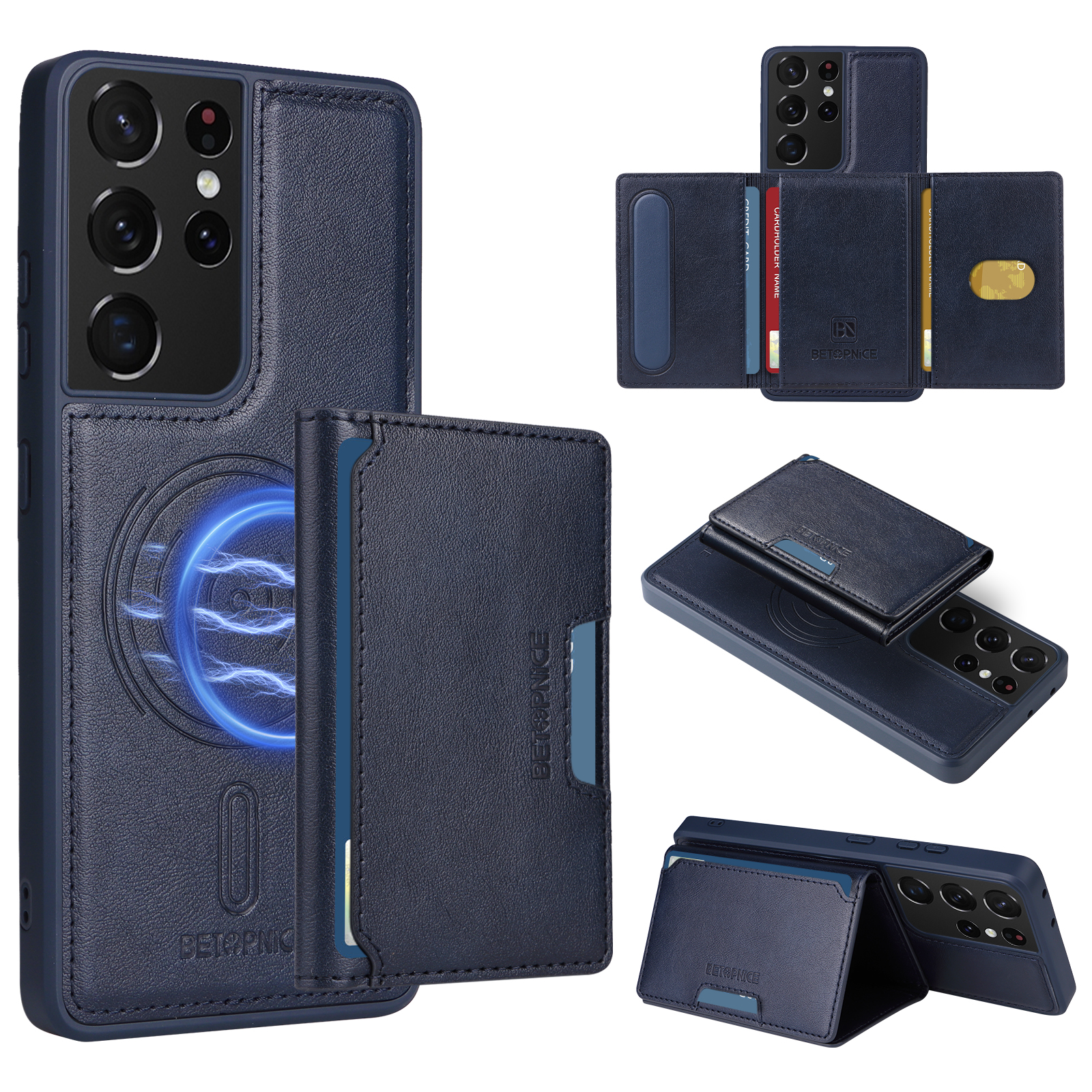 BETOPNICE For Samsung Galaxy S21 Ultra 5G Magnetic Case  Leather Phone Cover Kickstand with Detachable Card Bag - Blue