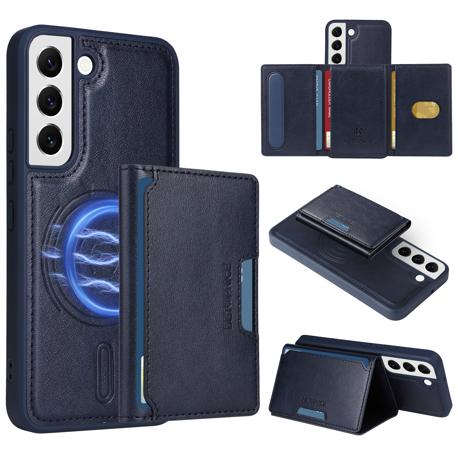 BETOPNICE For Samsung Galaxy S22 5G Magnetic Case  Leather Phone Cover Kickstand with Detachable Card Bag - Blue