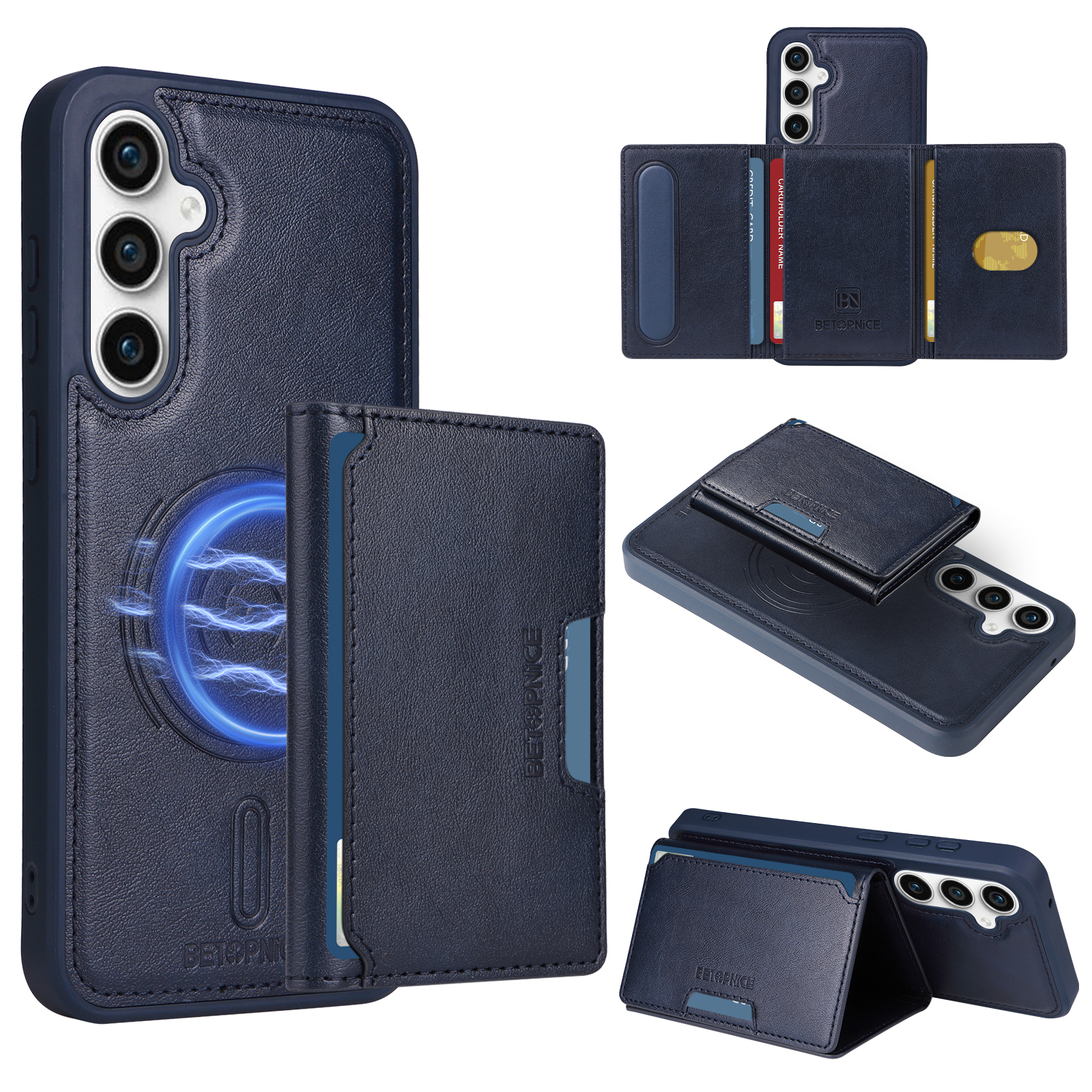 BETOPNICE For Samsung Galaxy S23 FE Magnetic Case  Leather Phone Cover Kickstand with Detachable Card Bag - Blue
