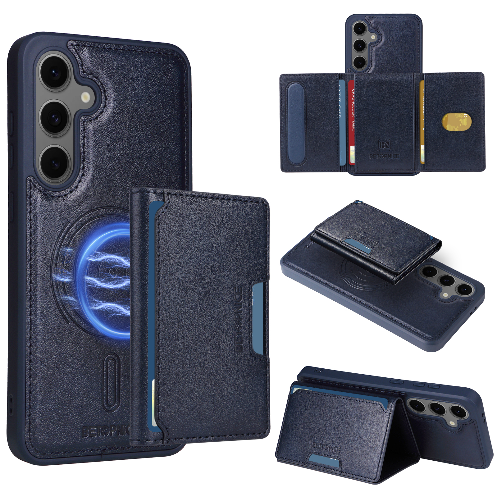 BETOPNICE For Samsung Galaxy S24 FE Magnetic Case  Leather Phone Cover Kickstand with Detachable Card Bag - Blue