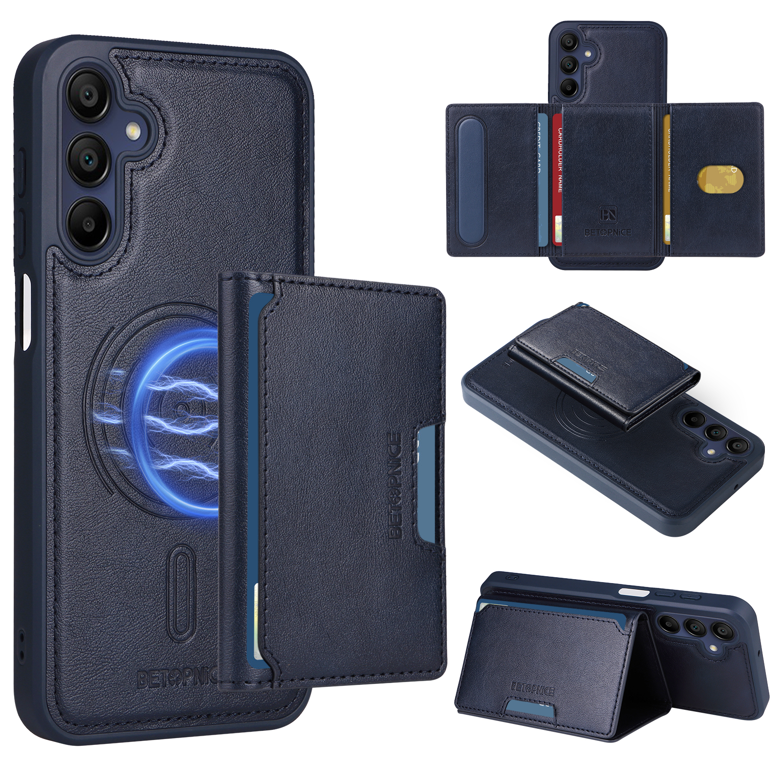 BETOPNICE For Samsung Galaxy A15 5G Magnetic Case  Leather Phone Cover Kickstand with Detachable Card Bag - Blue