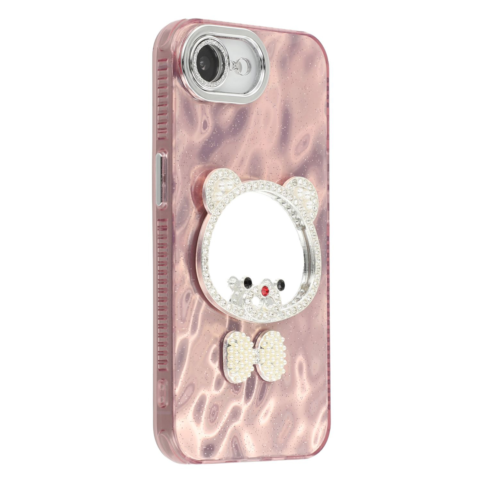 For iPhone 17e / 16e Case with Mirror IMD PC + TPU Phone Cover with Glass Lens Film - Ripple Pattern / Rose Gold