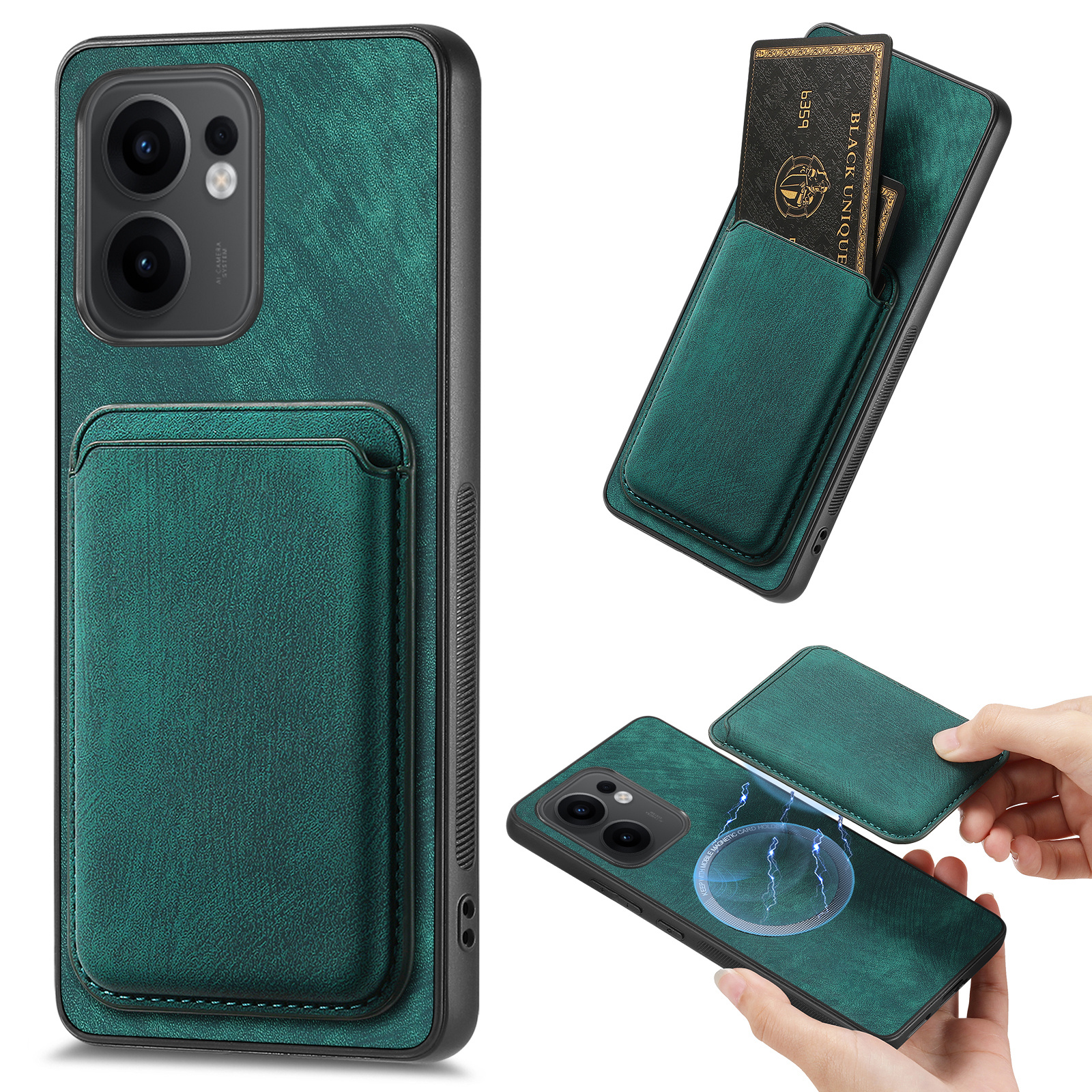 For Oppo Reno13 F 5G (Reno 13 FS 5G) / 4G Magnetic Case Leather Back Cover with Detachable Card Holder - Green