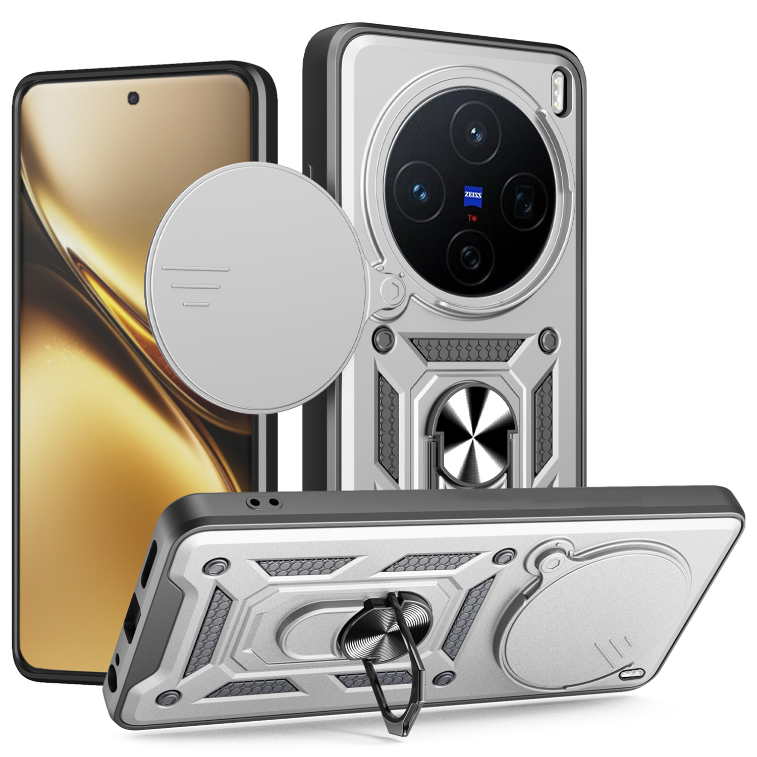 For vivo X200 5G Case with Slide Camera Lid PC + TPU Kickstand Phone Cover - Silver