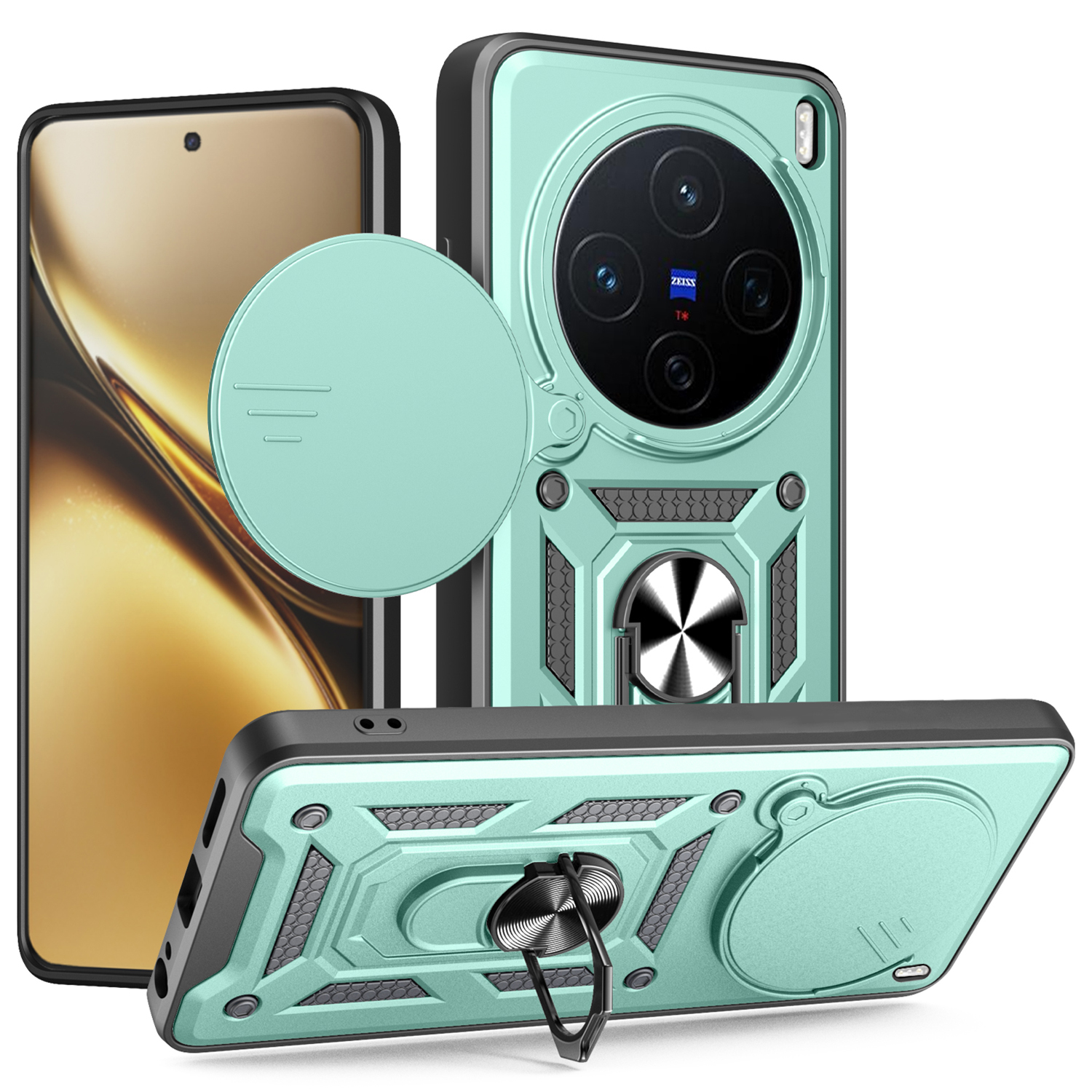 For vivo X200 5G Case with Slide Camera Lid PC + TPU Kickstand Phone Cover - Green