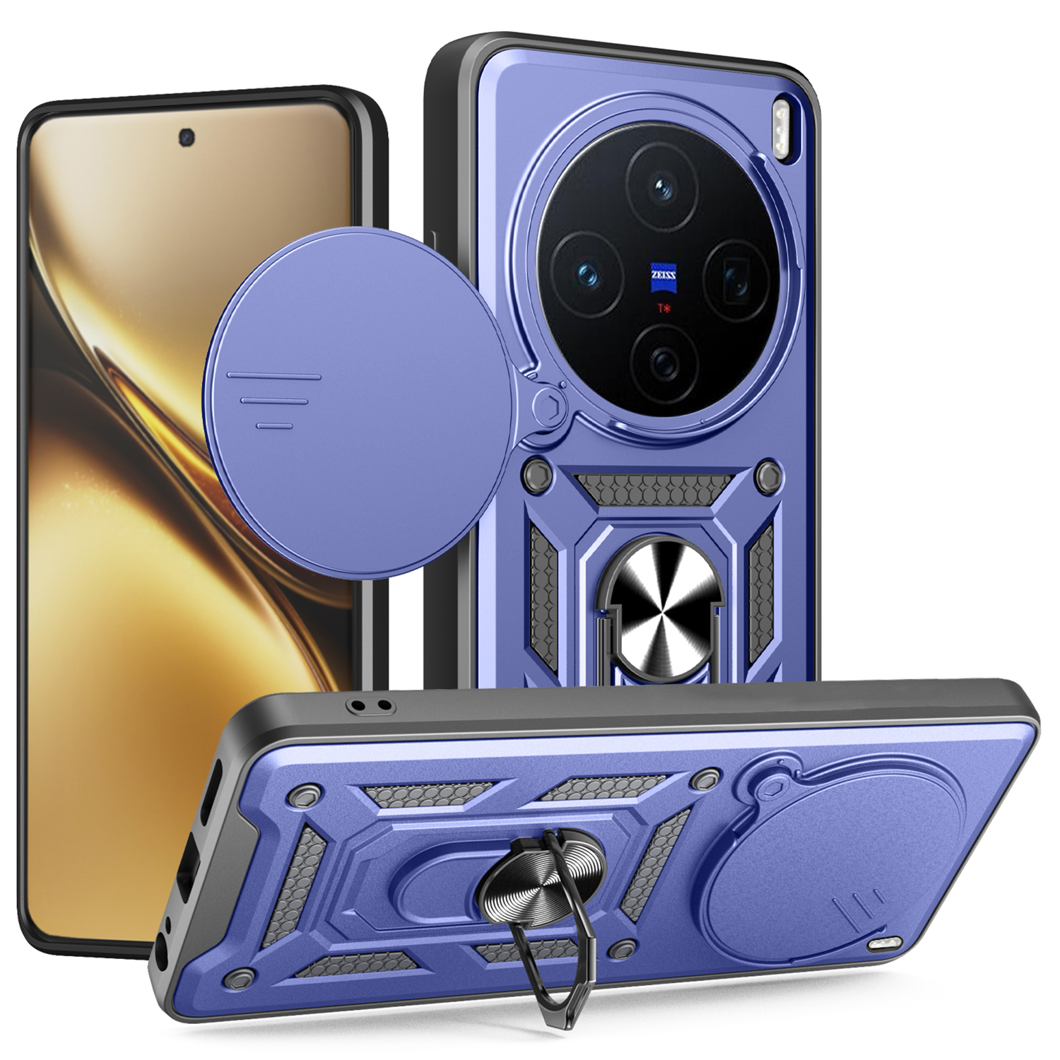 For vivo X200 5G Case with Slide Camera Lid PC + TPU Kickstand Phone Cover - Blue