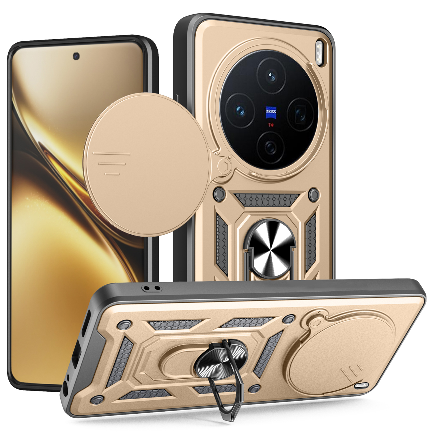 For vivo X200 5G Case with Slide Camera Lid PC + TPU Kickstand Phone Cover - Gold