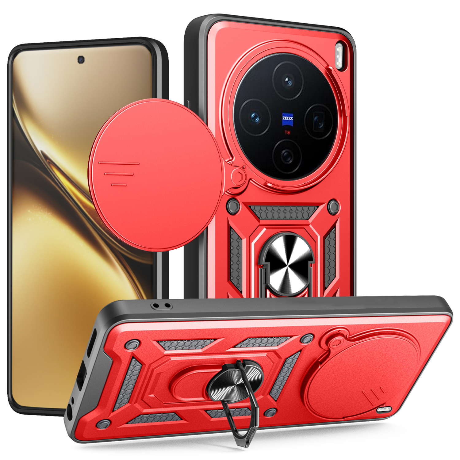 For vivo X200 5G Case with Slide Camera Lid PC + TPU Kickstand Phone Cover - Red