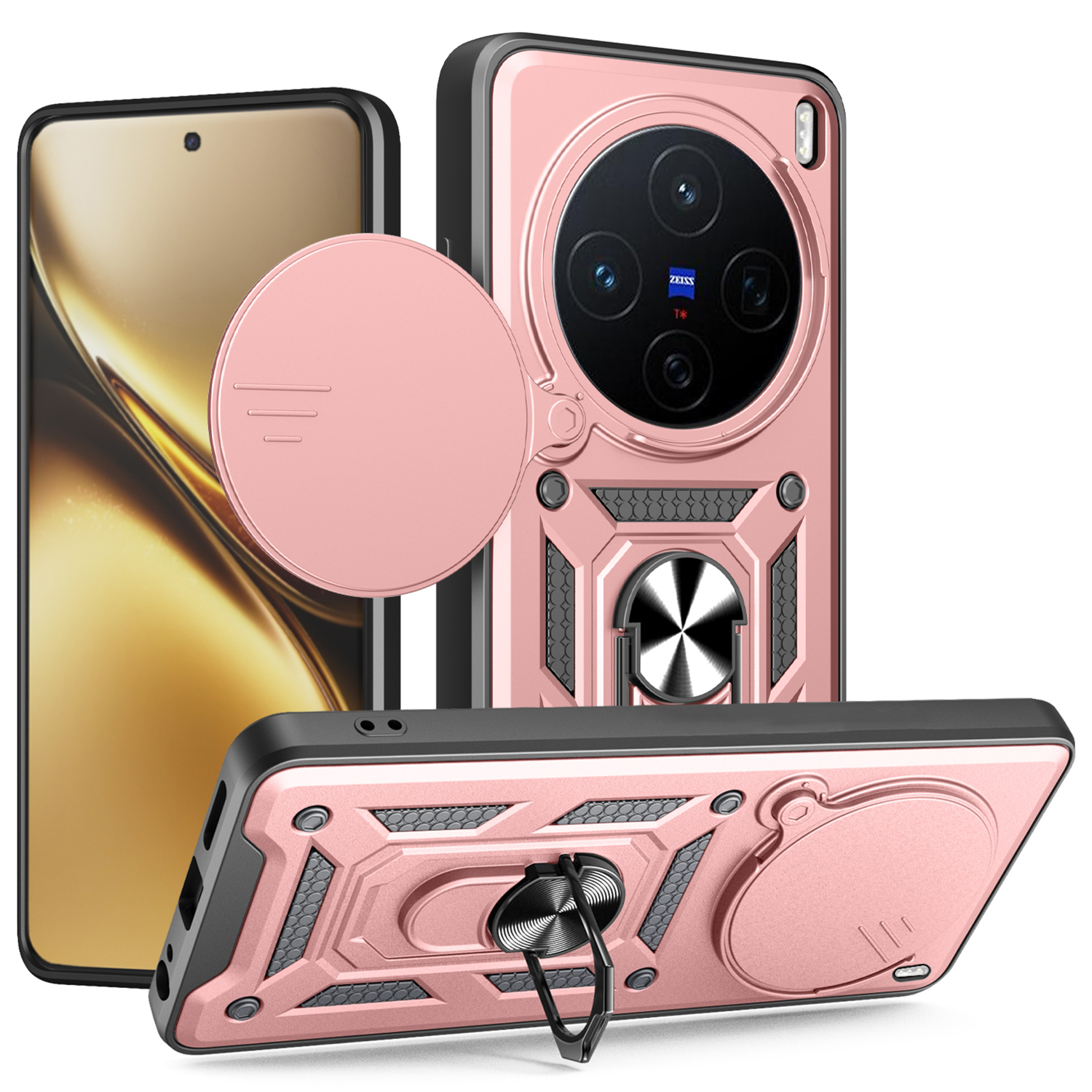 For vivo X200 5G Case with Slide Camera Lid PC + TPU Kickstand Phone Cover - Rose Gold