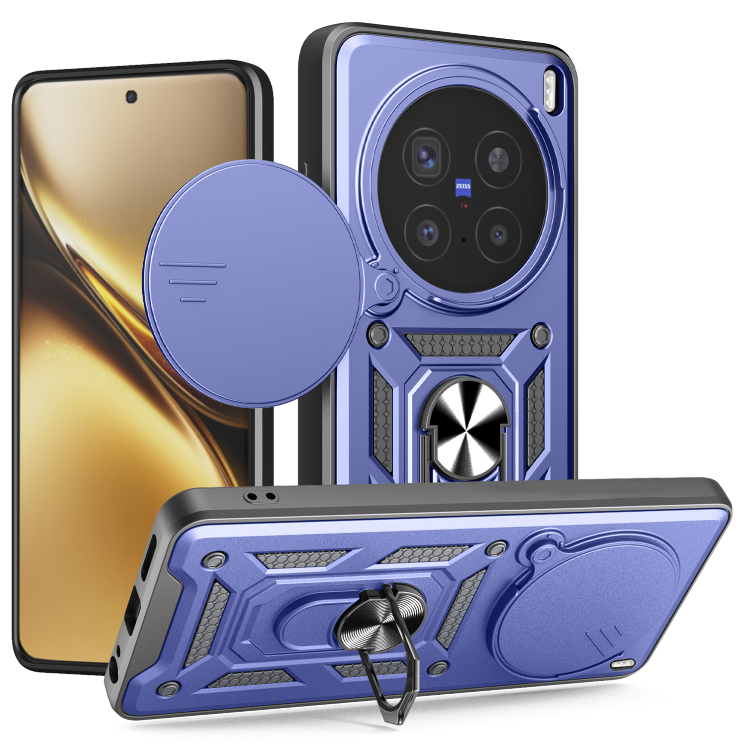 For vivo X200 Pro 5G Case with Slide Camera Lid PC + TPU Kickstand Phone Cover - Blue