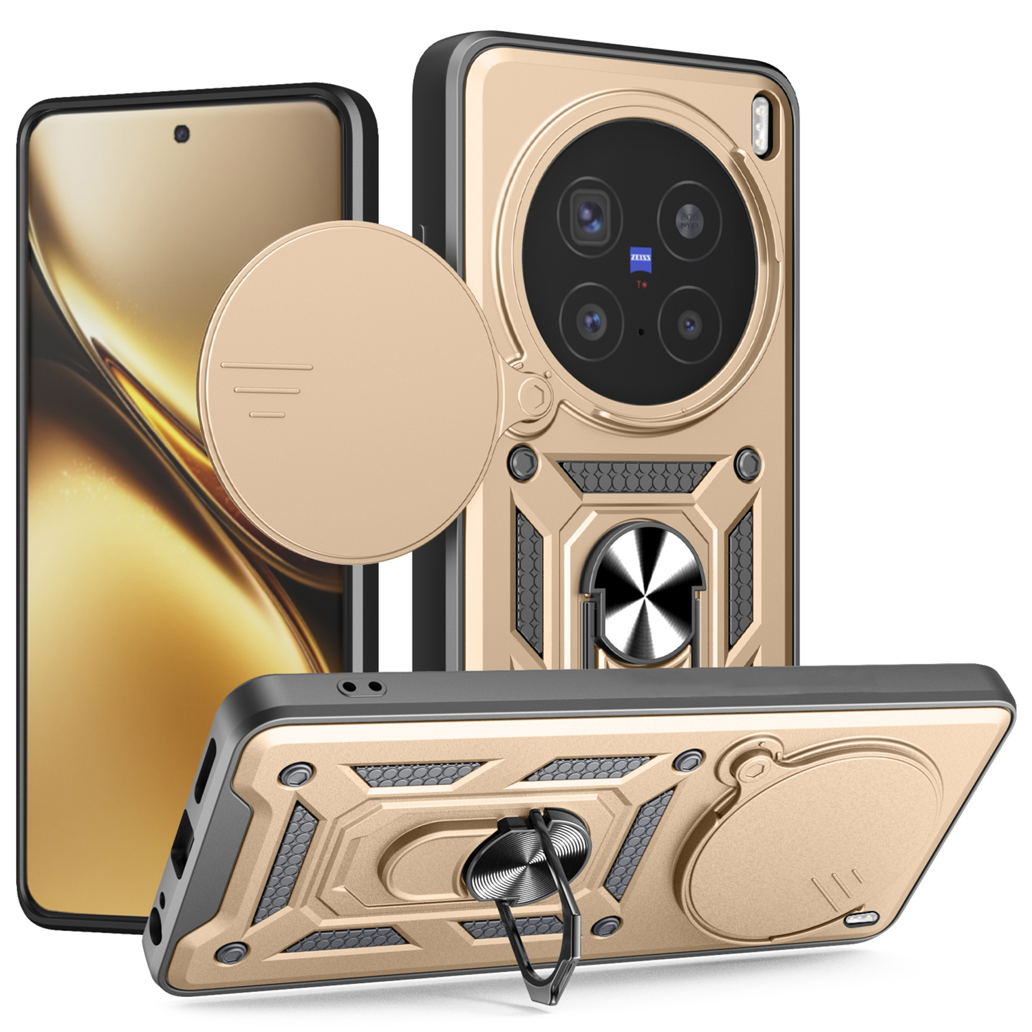 For vivo X200 Pro 5G Case with Slide Camera Lid PC + TPU Kickstand Phone Cover - Gold