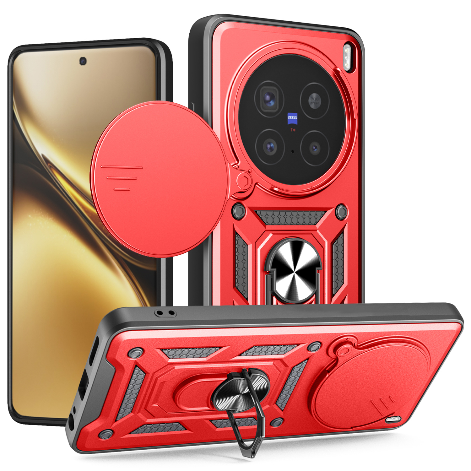 For vivo X200 Pro 5G Case with Slide Camera Lid PC + TPU Kickstand Phone Cover - Red