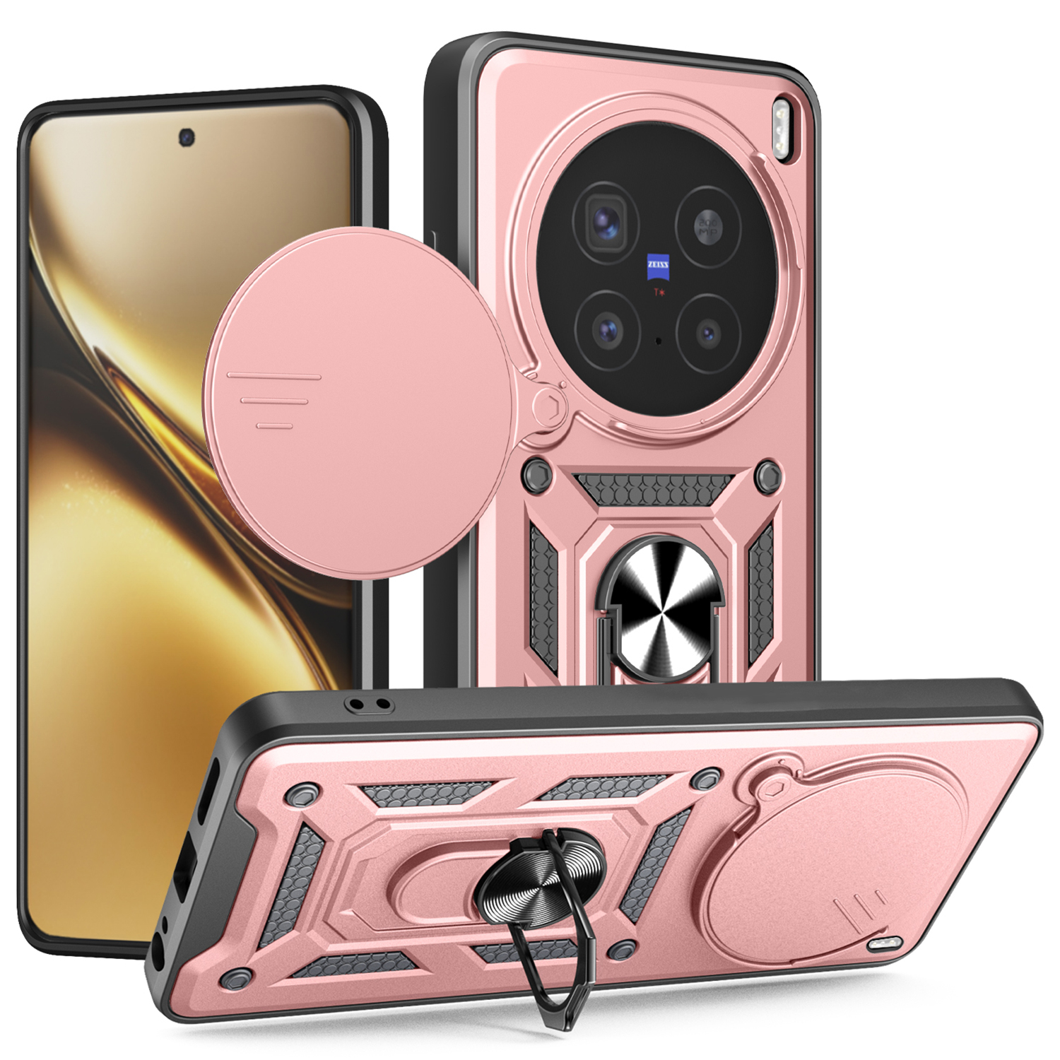 For vivo X200 Pro 5G Case with Slide Camera Lid PC + TPU Kickstand Phone Cover - Rose Gold