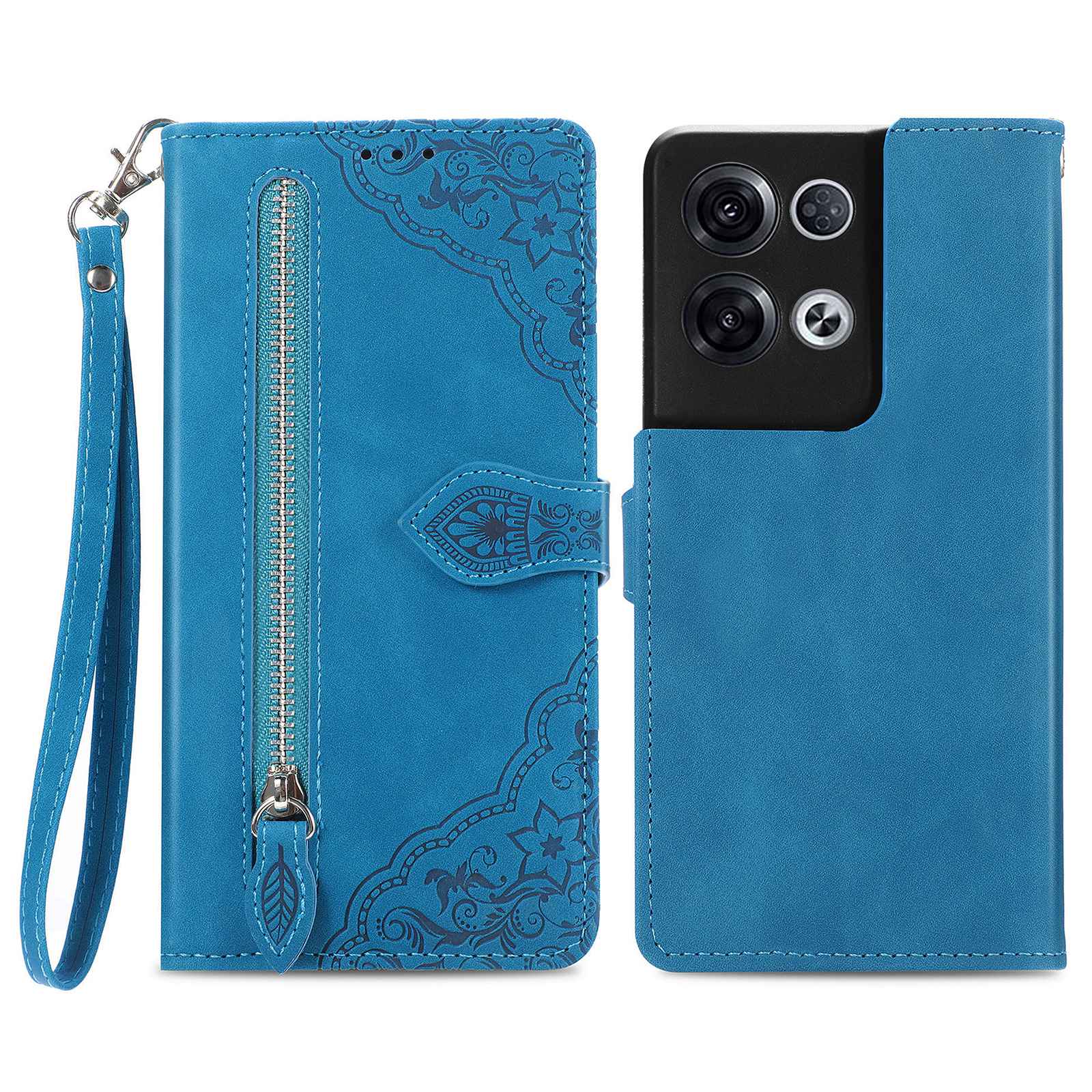 

Für Oppo Reno8 Pro 5G (Global Version) Blume Geprinte PU Leder Reißverschluss Pocket Case Telefon Brieftasche Cover Mit Riemen - Blau, Oppo Reno8 Pro 5G (Global Version)