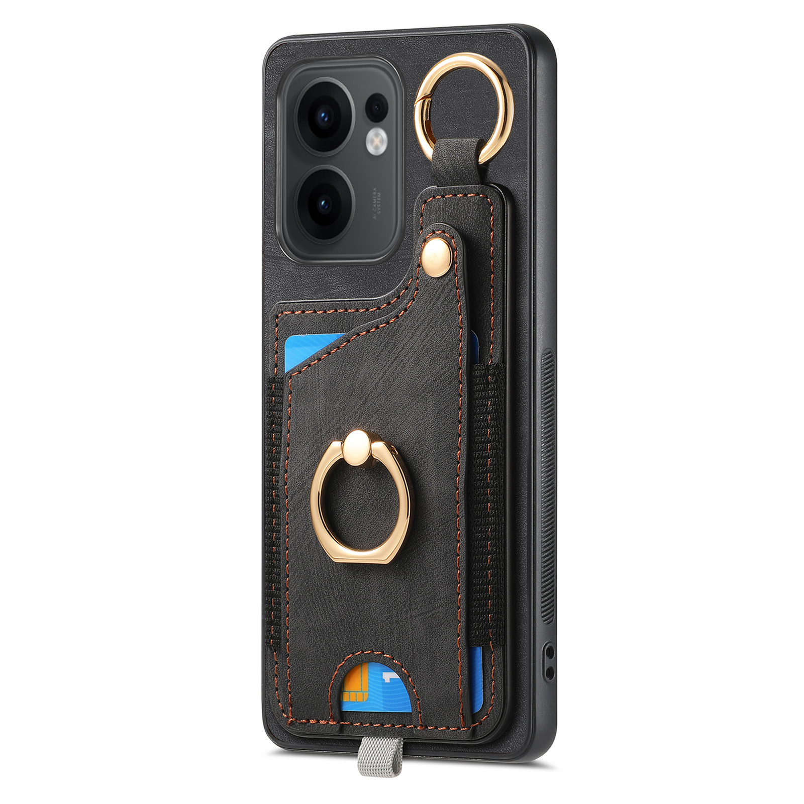 For Oppo Reno13 F 5G (Reno 13 FS 5G) / 4G Retro Leather Phone Back Cover with Card Slots and Ring Holder - Black