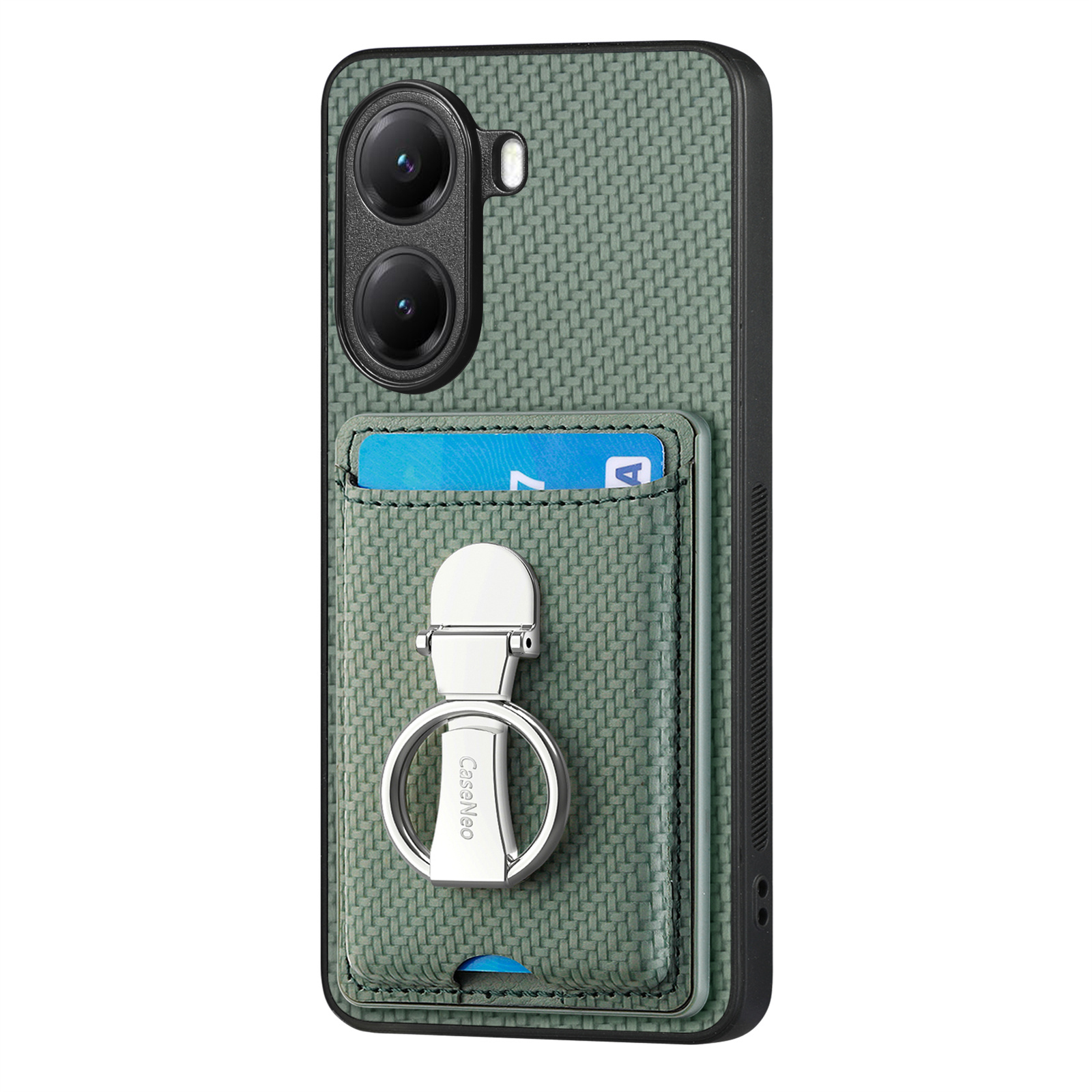 CASENEO For Xiaomi Poco X7 Pro 5G / Xiaomi Redmi Turbo 4 5G Leather Phone Back Cover with Kickstand and Card Slots Carbon Fiber Texture - Green