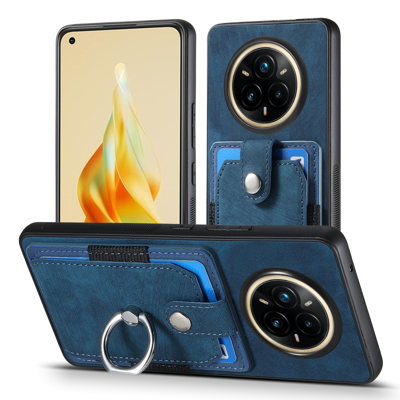 For Realme 14 Pro+ 5G Phone Case Leather Back Cover with Card Slots Kickstand - Blue