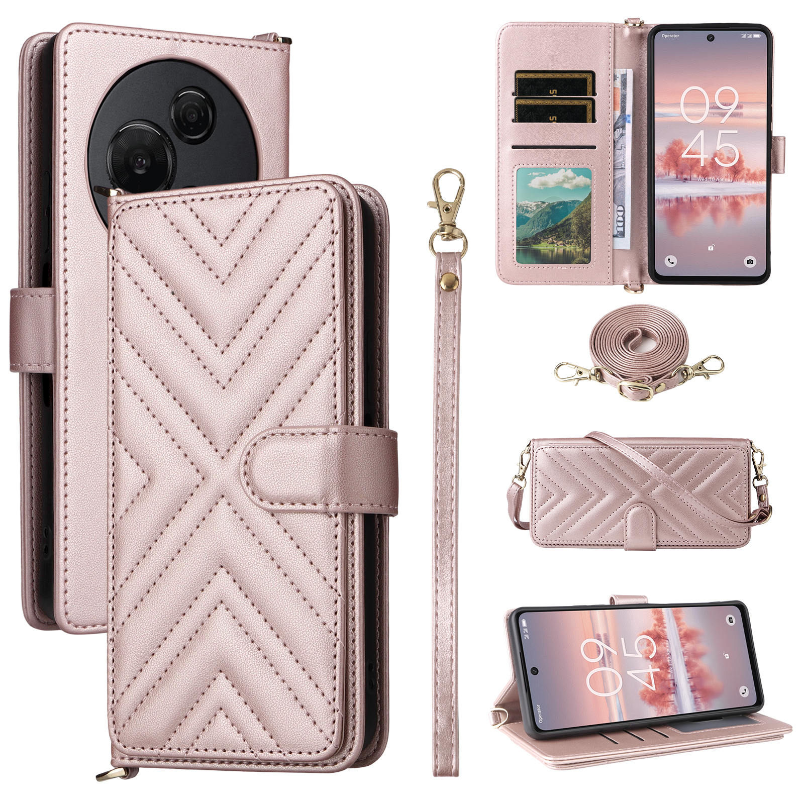 For TCL 60 NxtPaper 4G Case with Shoulder / Wrist Strap Leather Phone Cover Stand Wallet - Pink