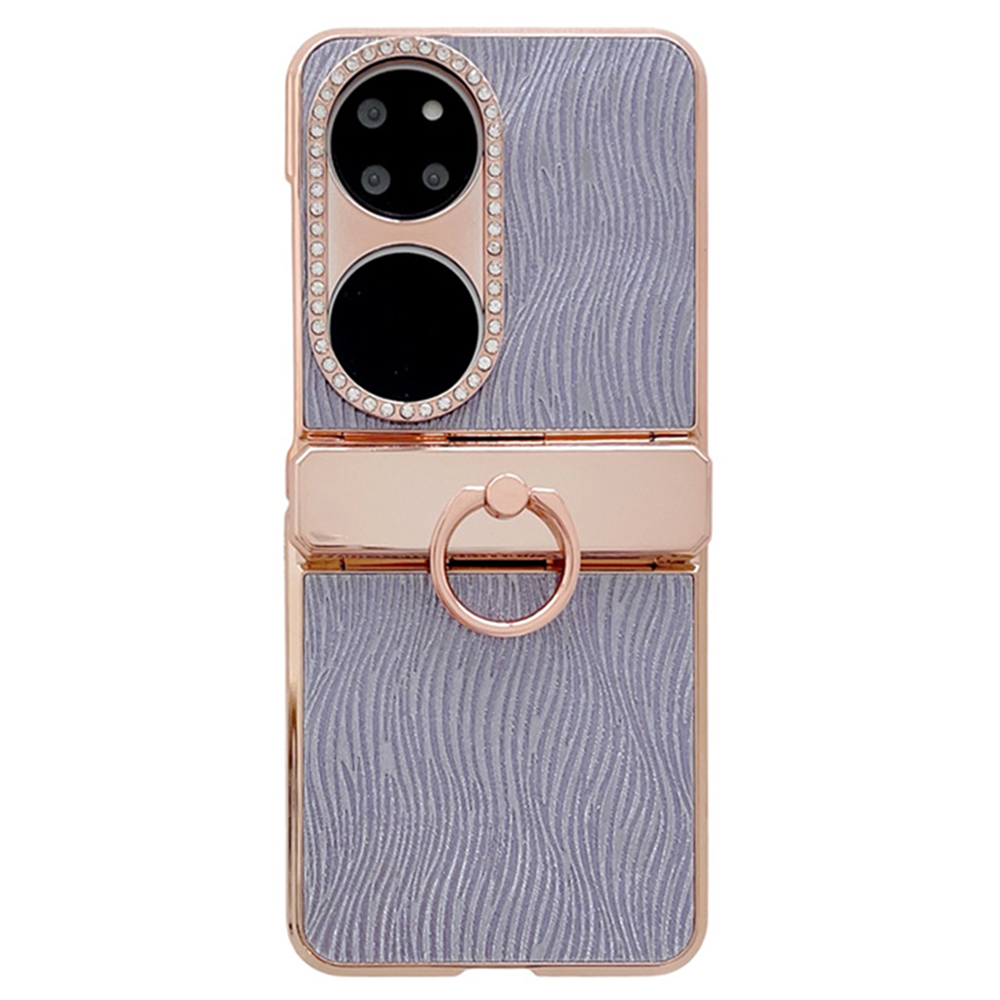 For Huawei P50 Pocket Case with Ring Holder Ripple Texture Hard PC Electroplating Phone Cover - Purple
