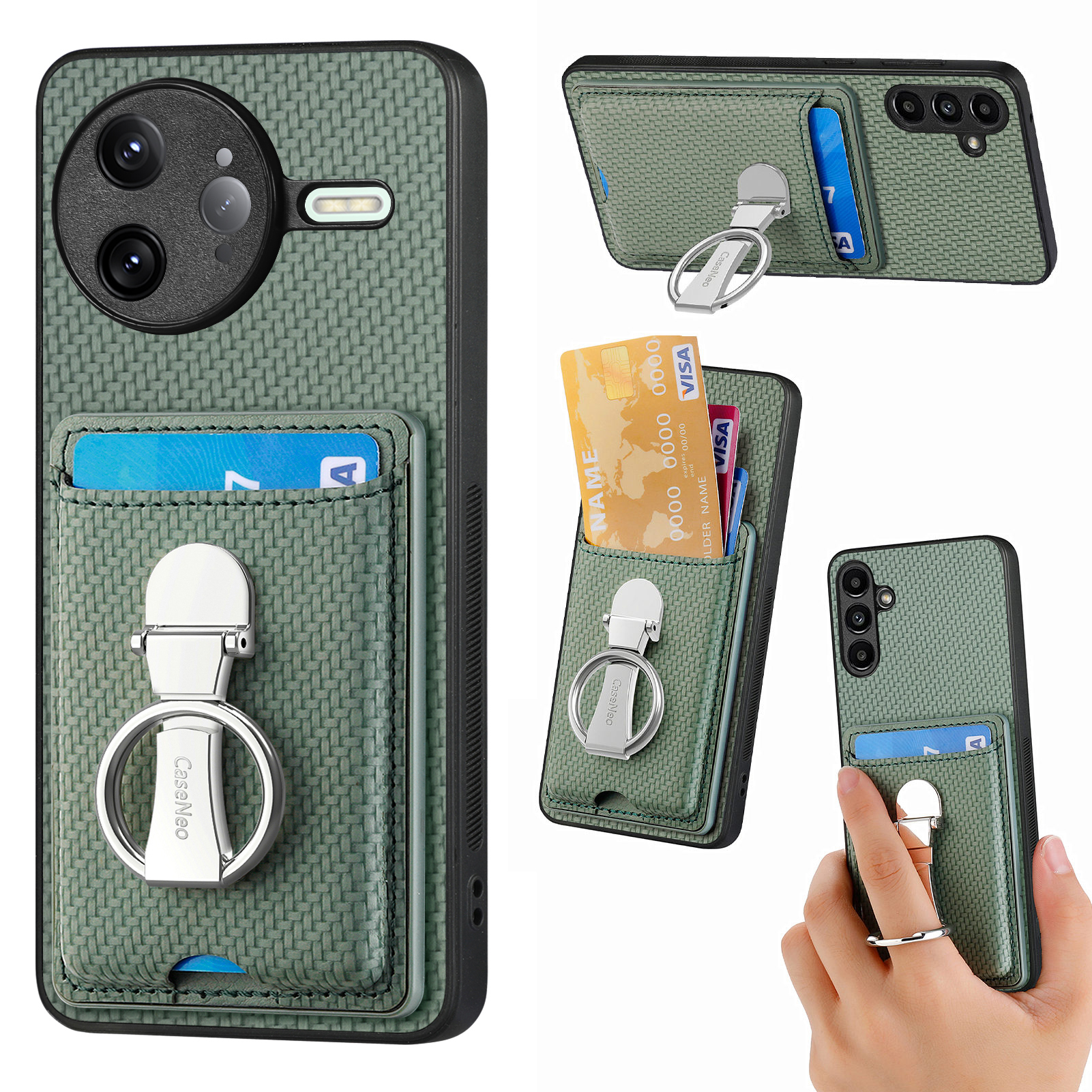 CASENEO For Xiaomi Poco F7 Ultra 5G / Xiaomi Redmi K80 Pro 5G Leather Phone Back Cover with Kickstand and Card Slots Carbon Fiber Texture - Green