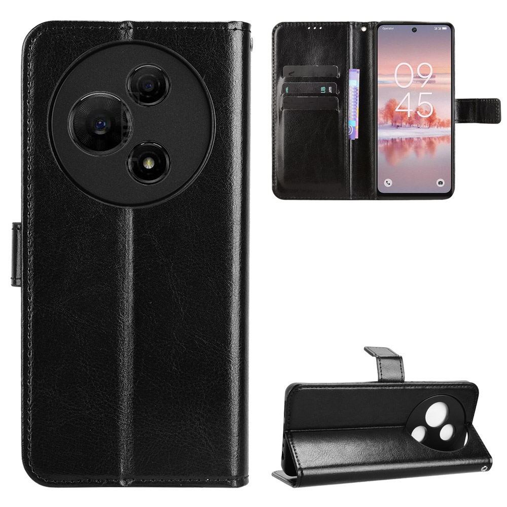 For TCL 60 NxtPaper 4G PU Leather Case with Strap Crazy Horse Texture Phone Wallet Cover - Black
