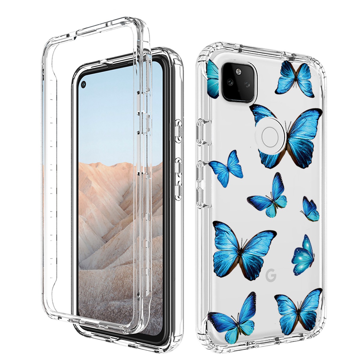 

Für Google Pixel 5a 5G Schockabsorbing Muster Druck Drucken Klarhybrid -pc + TPU -schutzabdeckung - Blauer Schmetterling, Google Pixel 5a 5G