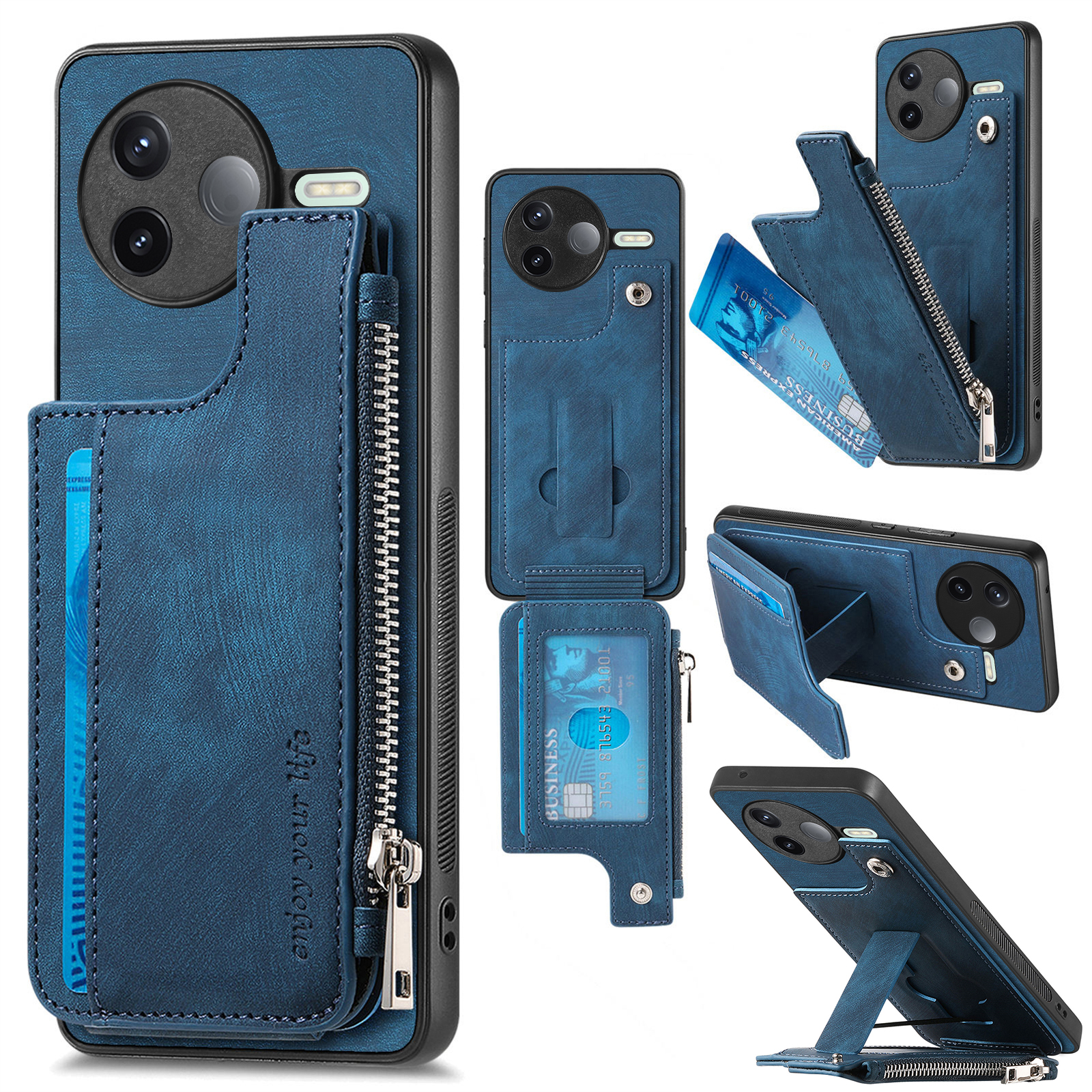 For Xiaomi Poco F7 Pro 5G / Xiaomi Redmi K80 5G Case Zipper Card Holder Kickstand Leather + PC + TPU Phone Cover - Blue