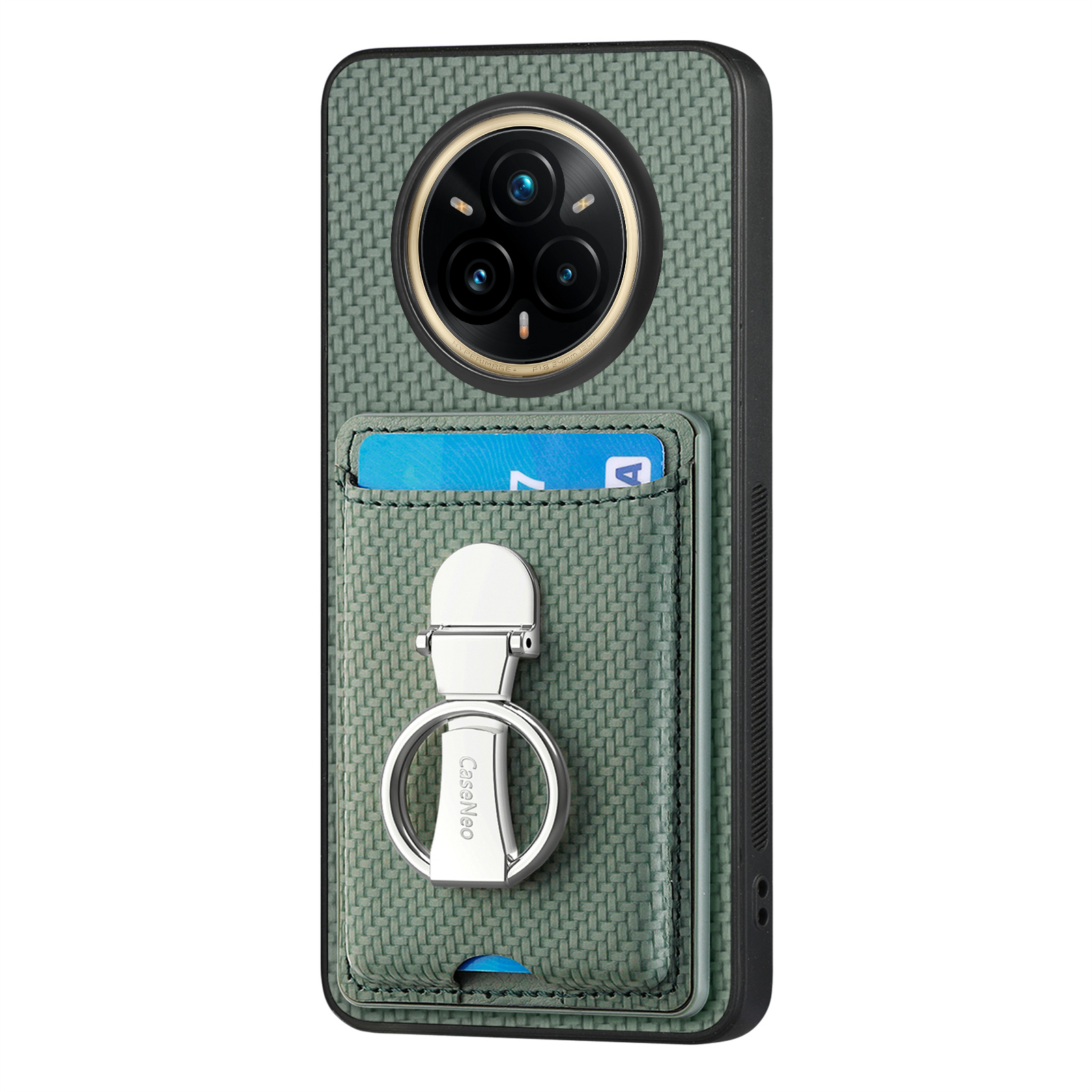 CASENEO For Realme 14 Pro 5G Leather Phone Back Cover with Kickstand and Card Slots Carbon Fiber Texture - Green