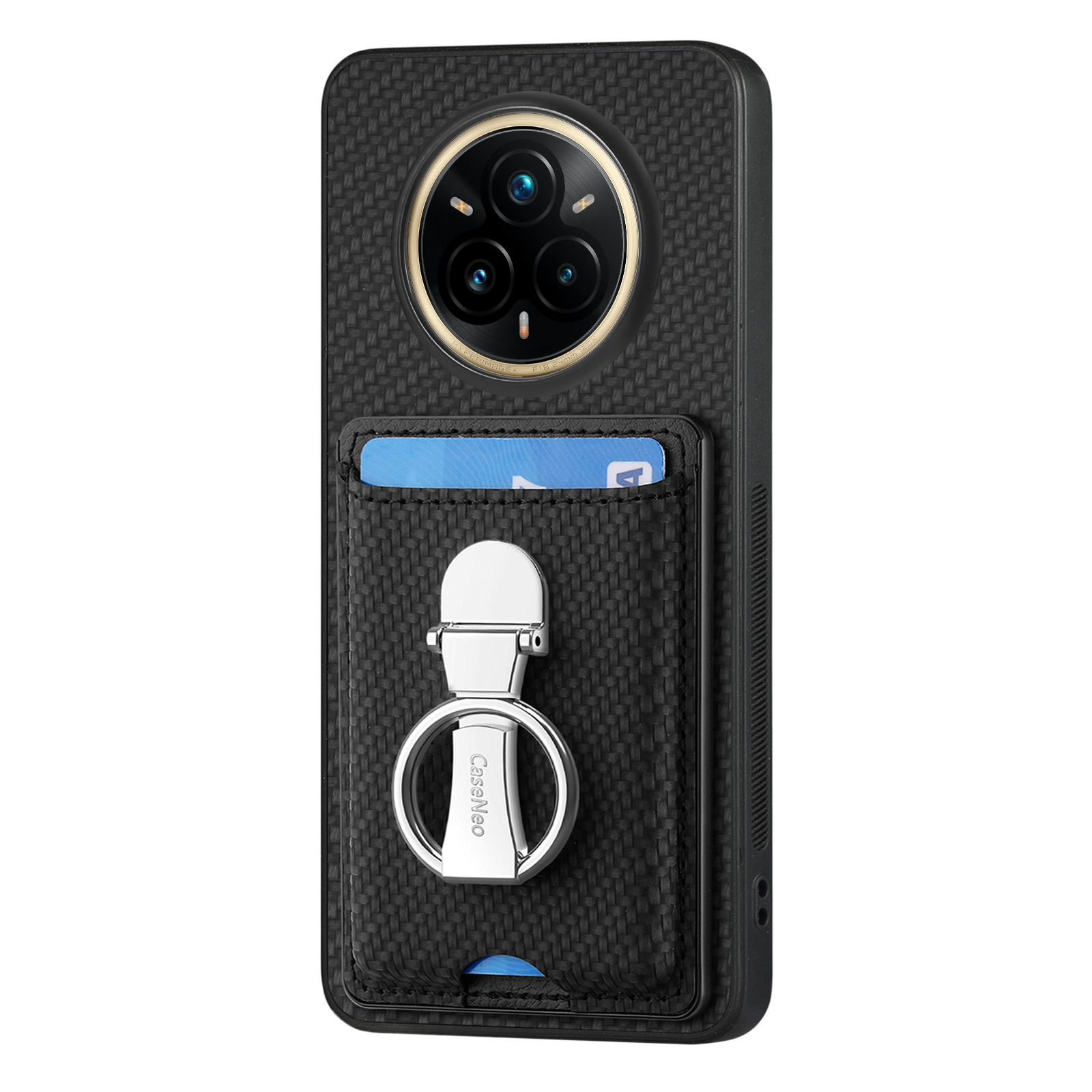 CASENEO For Realme 14 Pro 5G Leather Phone Back Cover with Kickstand and Card Slots Carbon Fiber Texture - Black