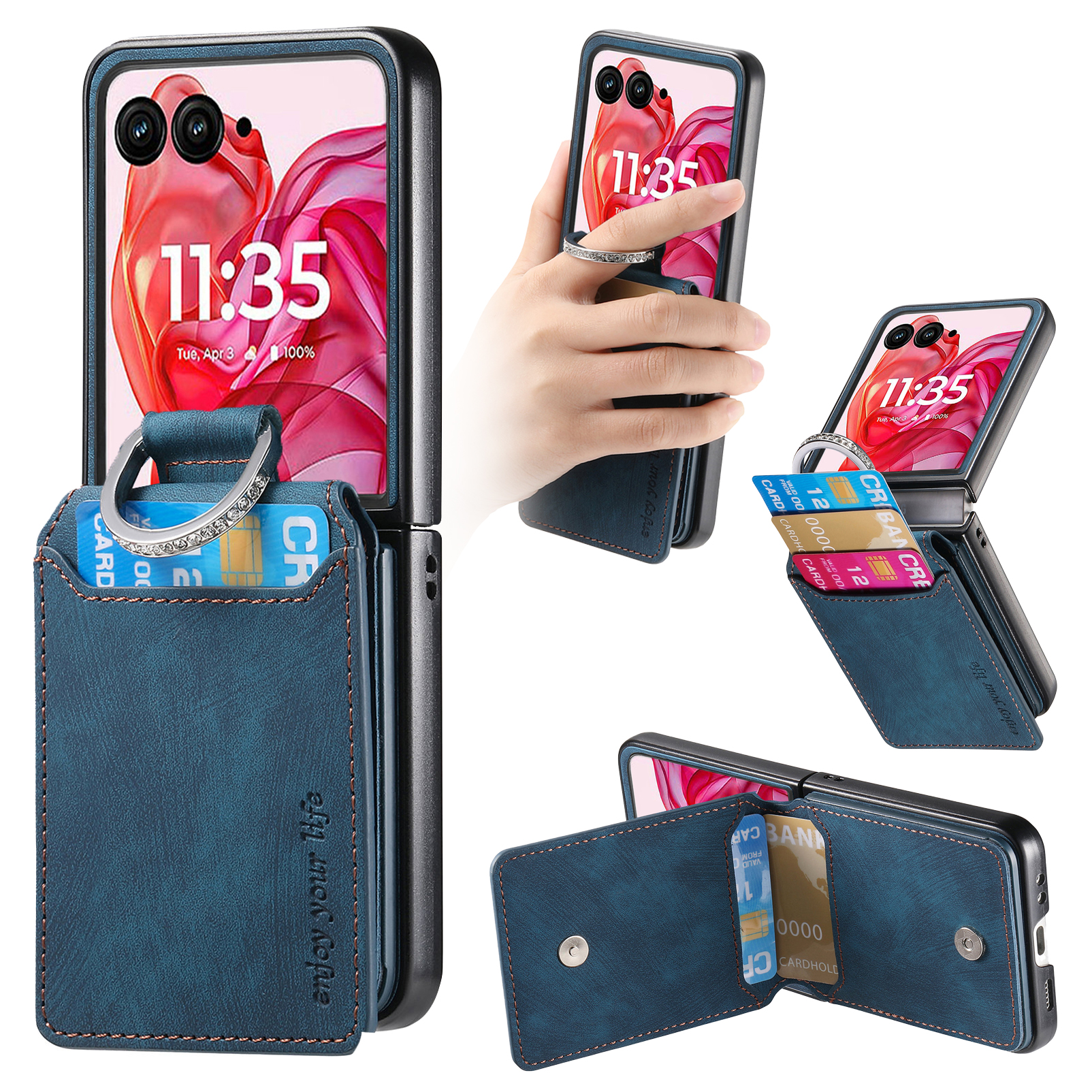 For Motorola Razr 60 Ultra 5G Case Card Holder Kickstand Retro Texture Leather Back Cover - Blue