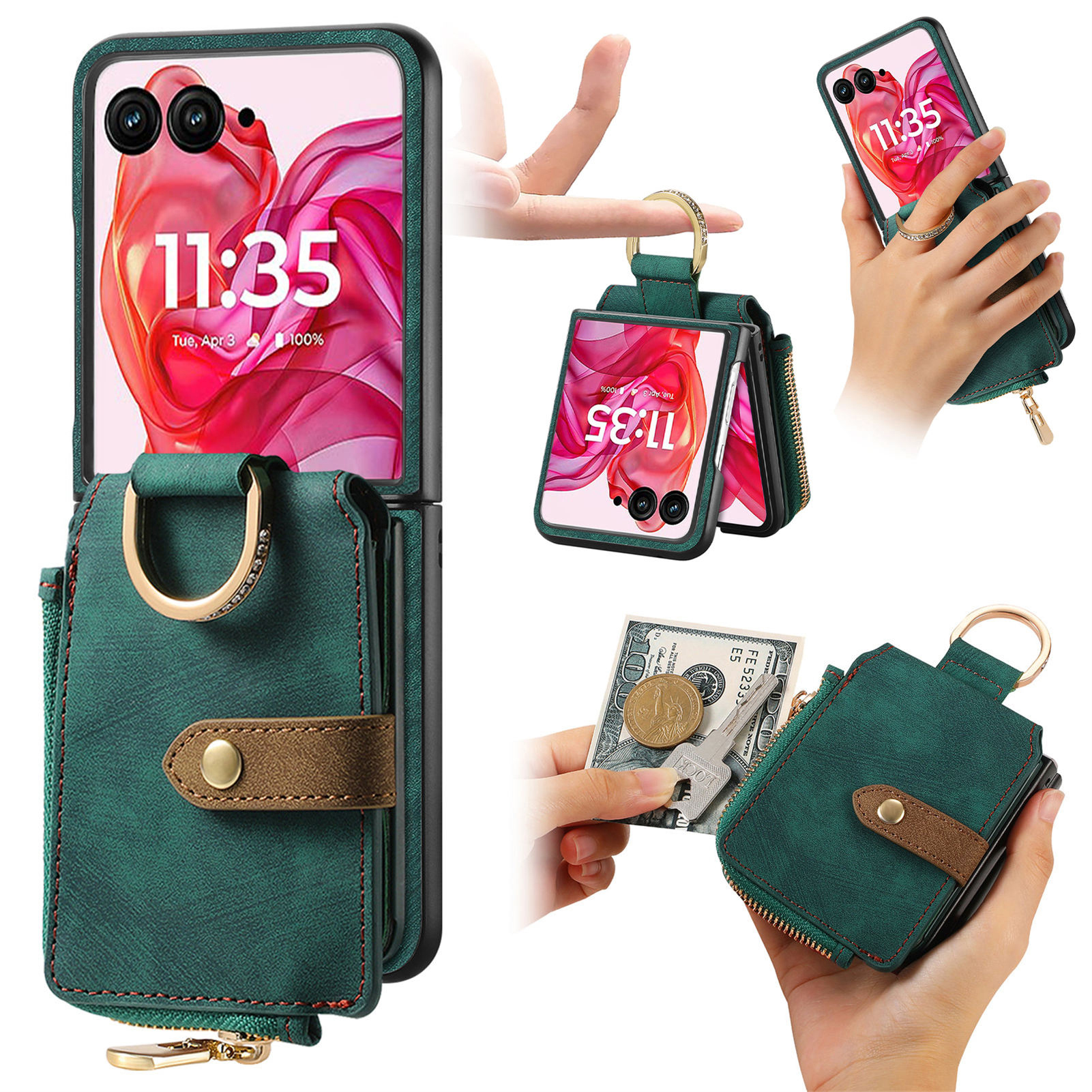 For Motorola Razr 60 Ultra 5G Case Zipper Pocket Card Holder Retro Texture Leather Back Cover - Green