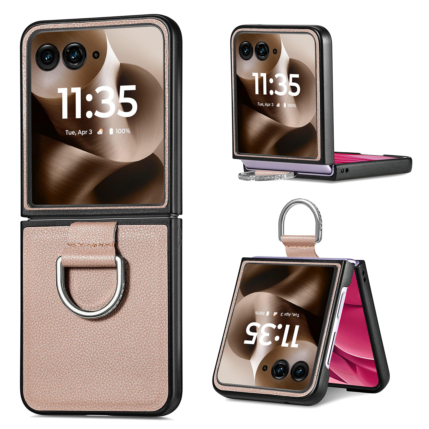 For Motorola Razr 60 Ultra 5G Case Litchi Texture Leather + Pc Phone Cover with Ring Holder - Khaki