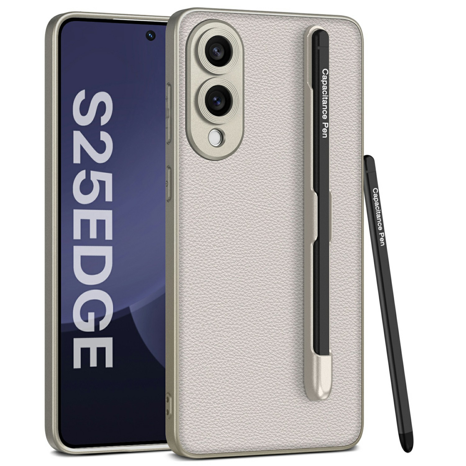 For Samsung Galaxy S25 Edge Case Skin-Touch PU Leather + PC Phone Cover with Stylus - Titanium Grey