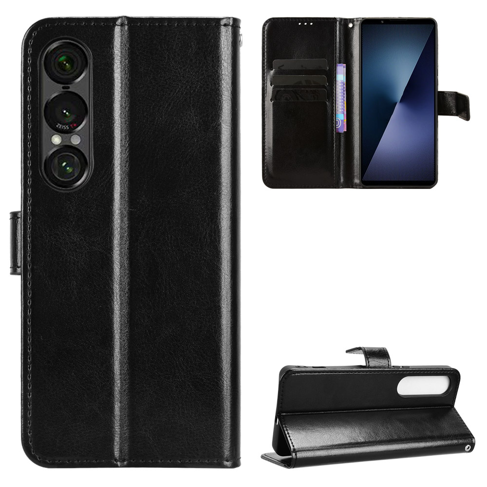 For Sony Xperia 1 VII PU Leather Case with Strap Crazy Horse Texture Phone Wallet Cover - Black