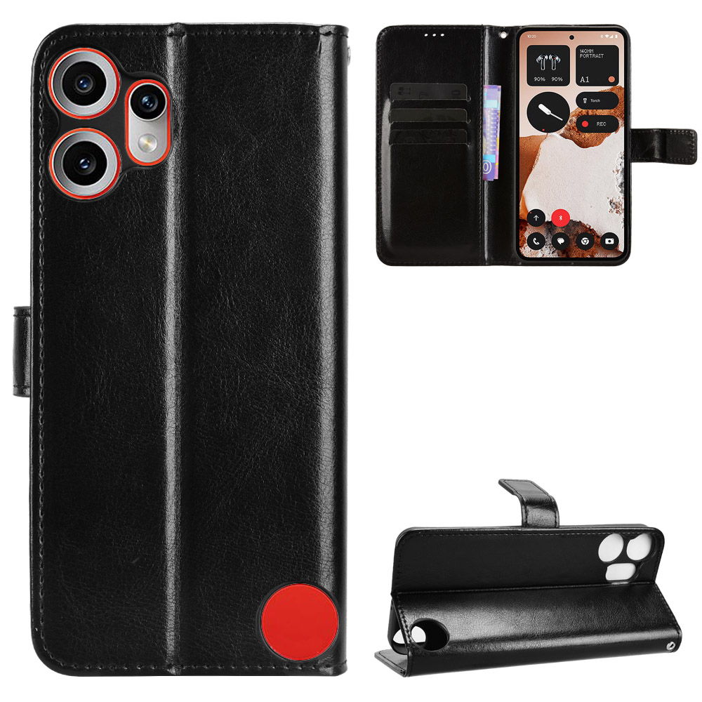 For Nothing CMF Phone 2 Pro PU Leather Case with Strap Crazy Horse Texture Phone Wallet Cover - Black