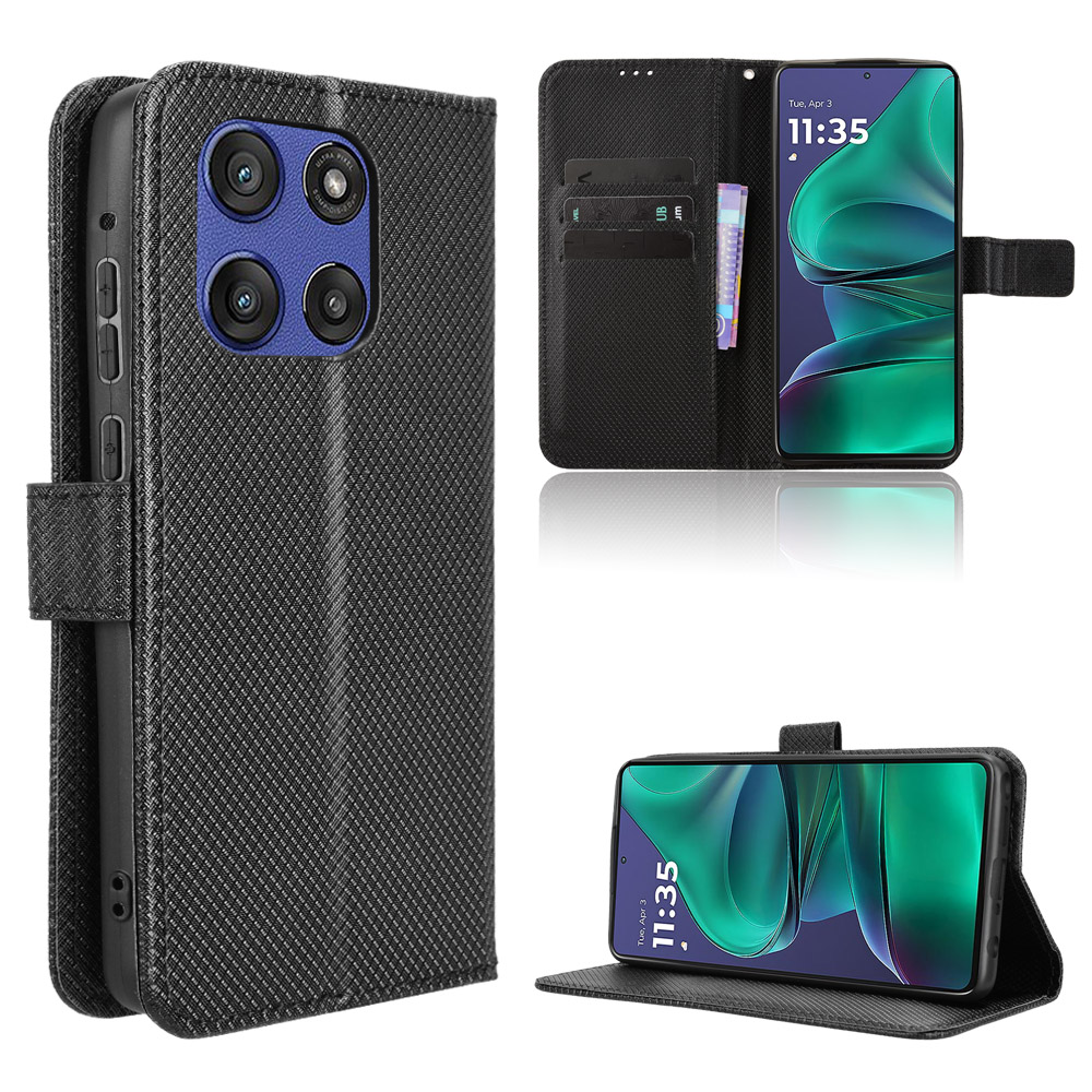 For Motorola Moto G Stylus 5G (2025) / Motorola Edge 60 Stylus 5G Leather Wallet Case with Strap Diamond Texture Phone Cover - Black