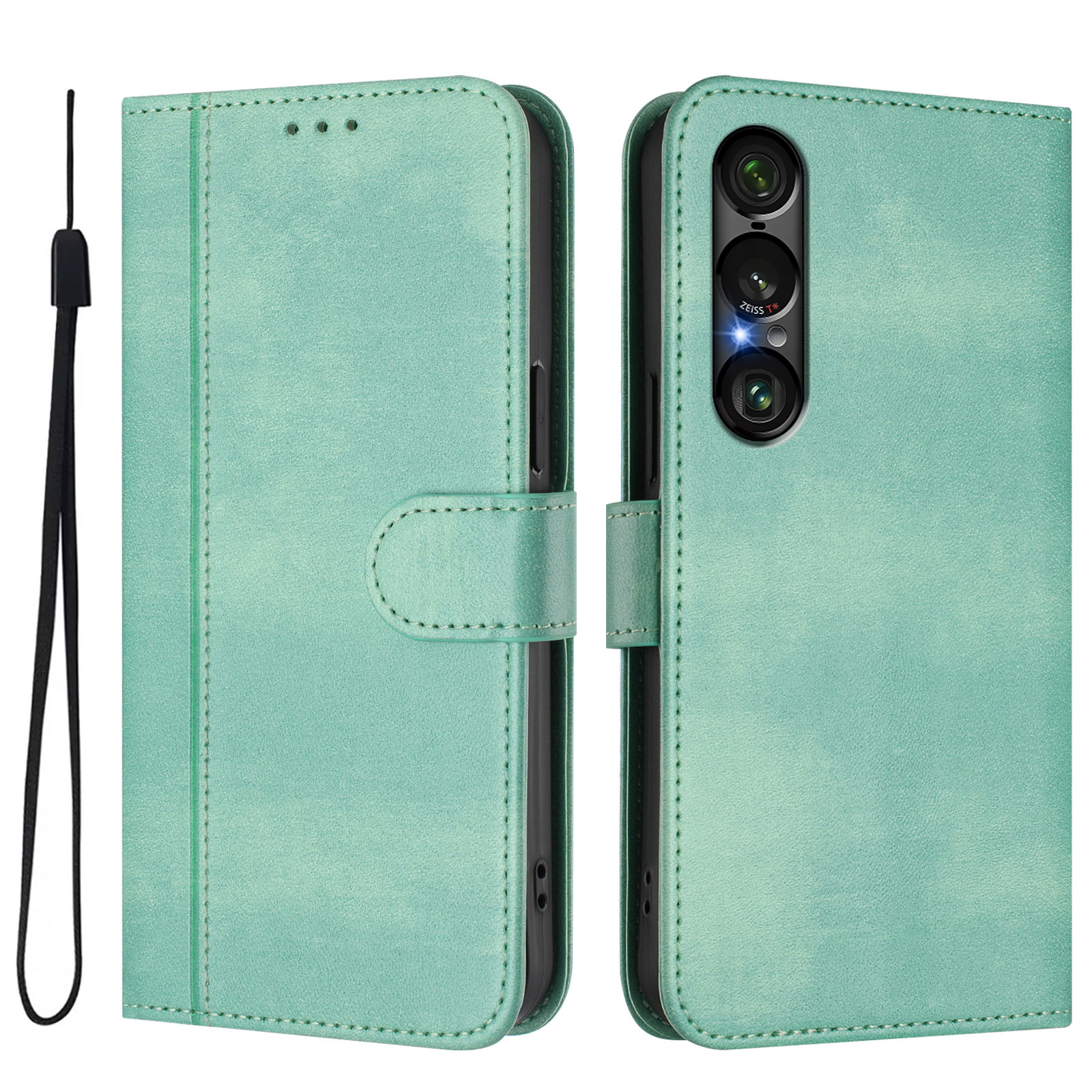 For Sony Xperia 1 VII Cases Wallet Stand Retro Texture Leather Phone Cover with Lanyard - Mint Green