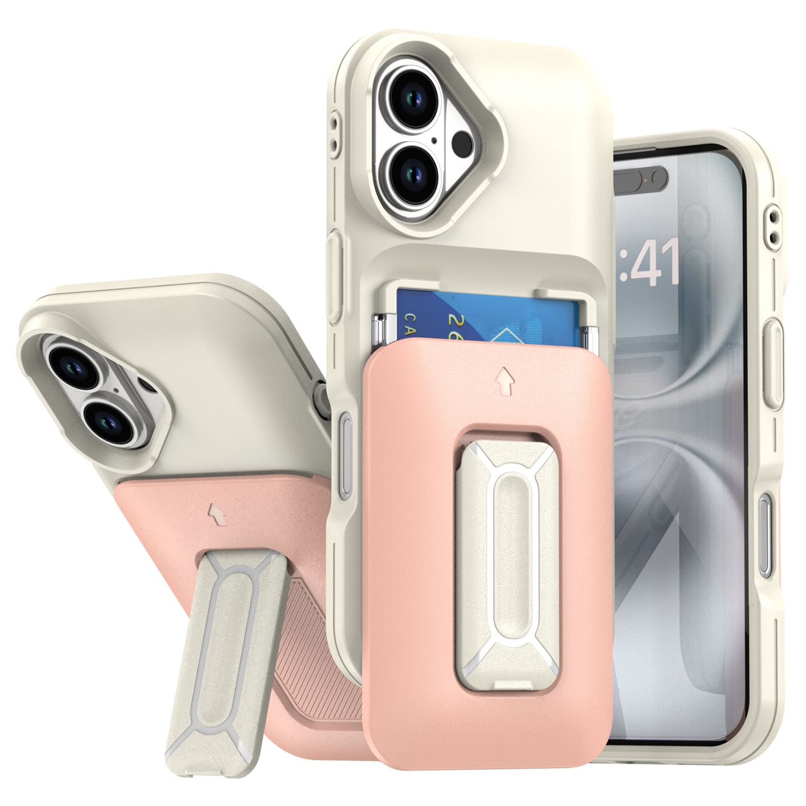 For iPhone 16 Case Card Holder Kickstand TPU + PC Shockproof Phone Cover - Beige + Light Pink