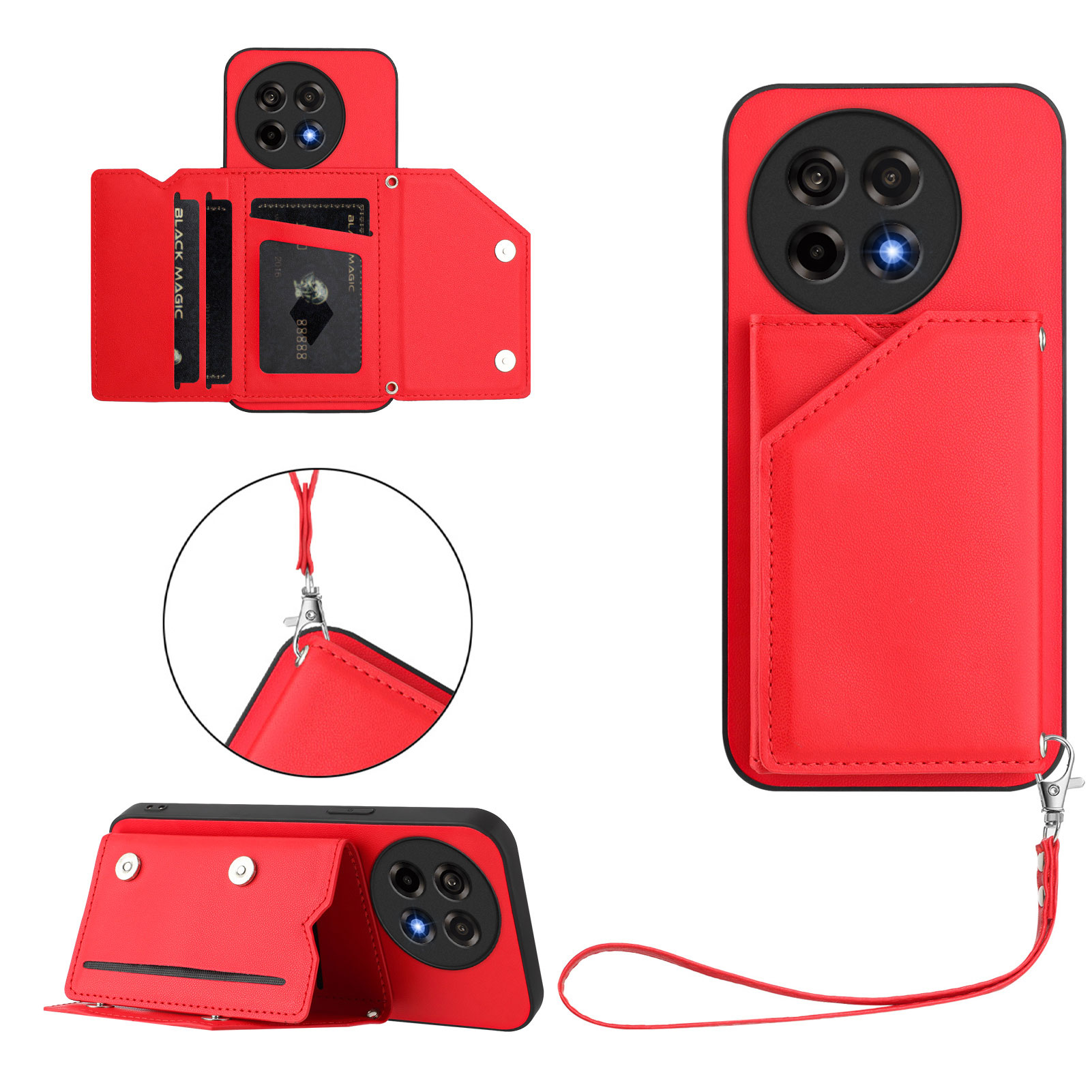 For OnePlus Ace 5 5G / OnePlus Ace 5 Pro 5G / OnePlus 13R 5G Case Card Holder Kickstand Skin-Touch Phone Cover with Wrist Strap - Red