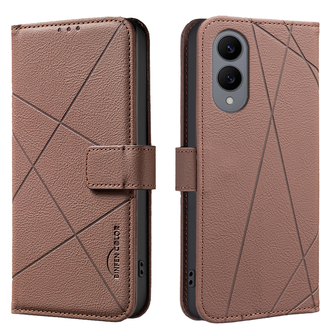 BINFEN COLOR For Samsung Galaxy S25 Edge Case  BF35 Geometry Imprinted Leather Phone Cover RFID Blocking Wallet Stand - Brown