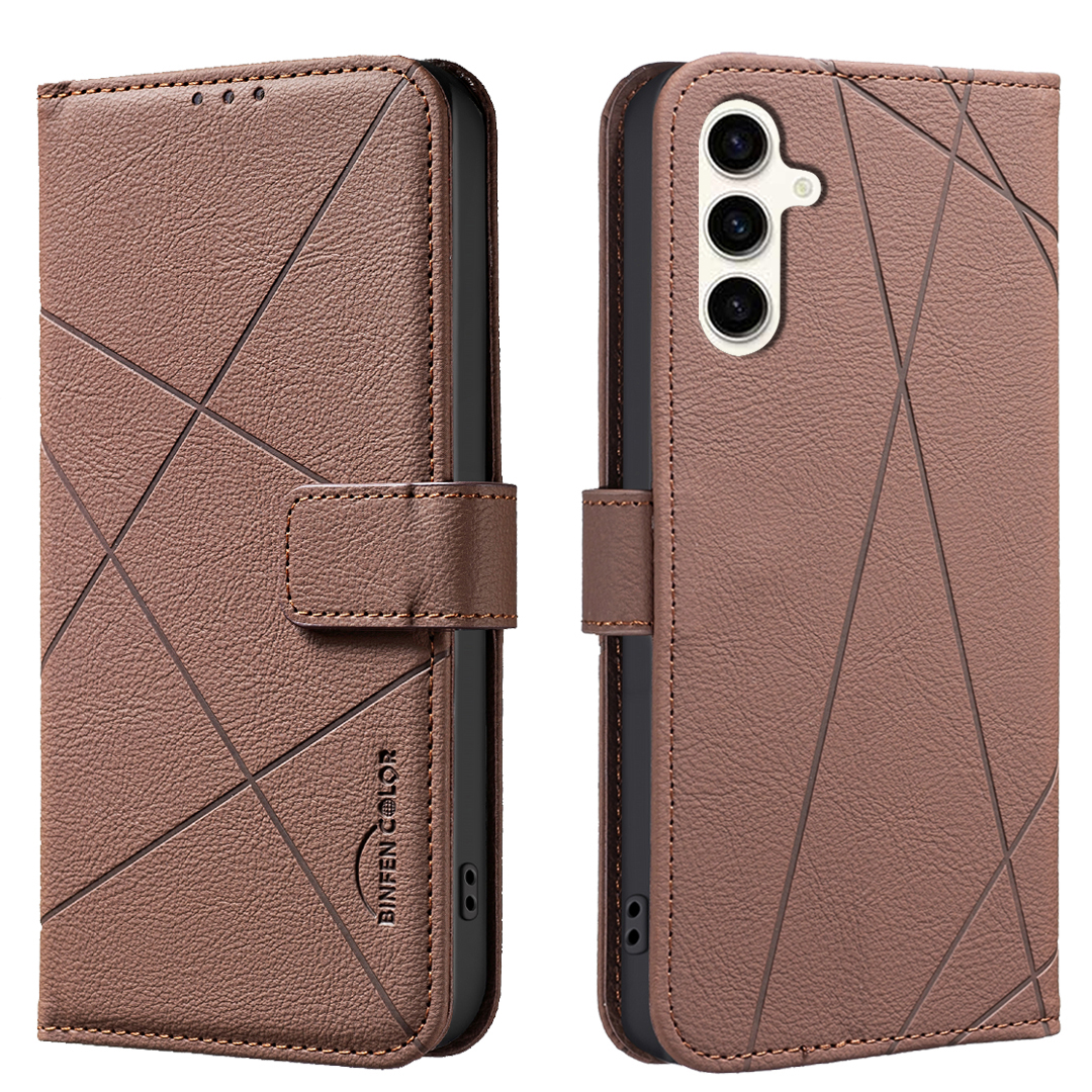 BINFEN COLOR For Samsung Galaxy A26 5G Case  BF35 Geometry Imprinted Leather Phone Cover RFID Blocking Wallet Stand - Brown