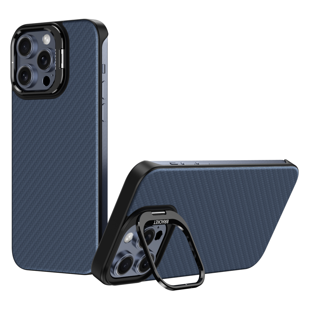 For iPhone 15 Pro Magnetic Case Lens Frame Kickstand Genuine Cow Leather + PC Borderless Phone Cover - Blue