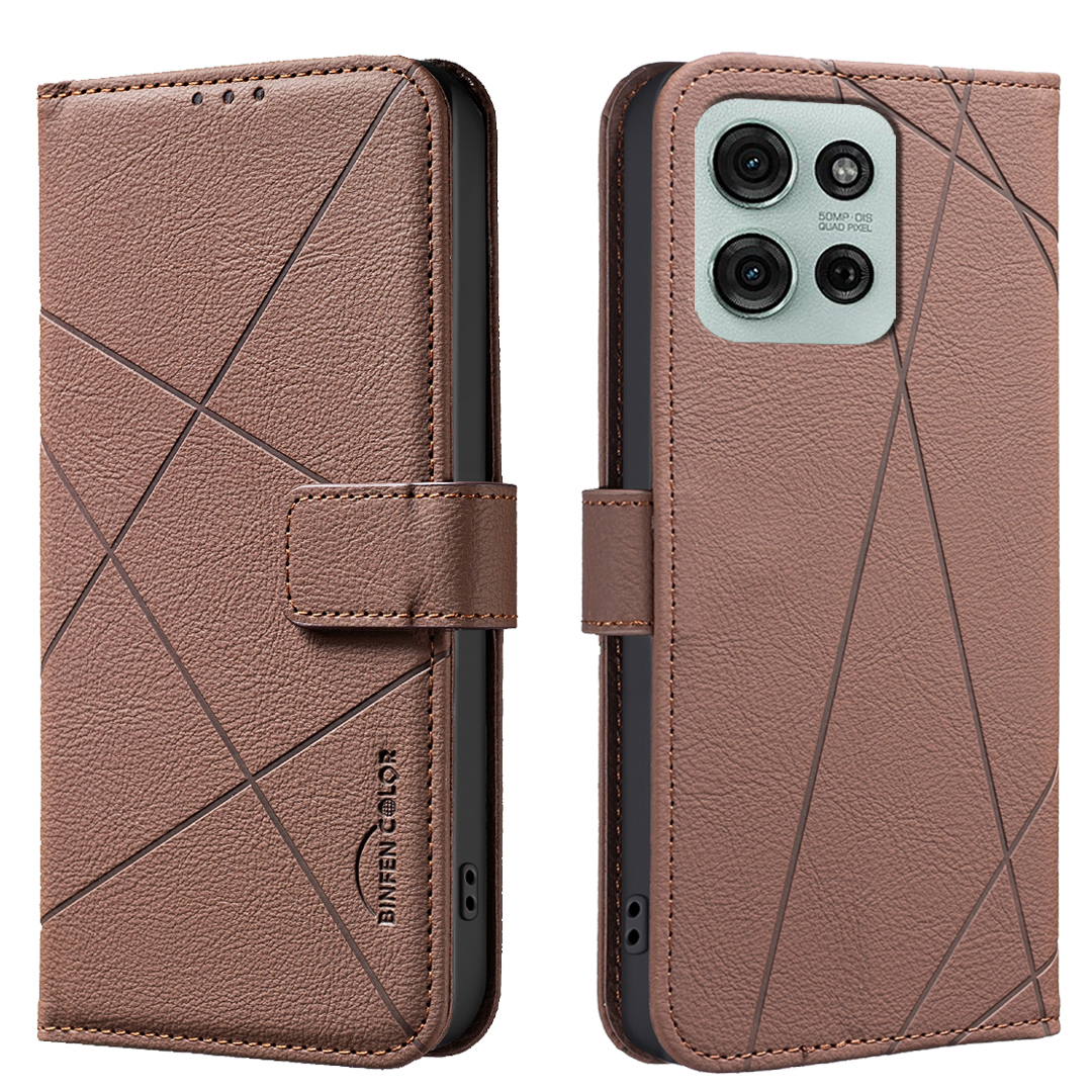 BINFEN COLOR For Motorola Moto G75 5G Case  BF35 Geometry Imprinted Leather Phone Cover RFID Blocking Wallet Stand - Brown